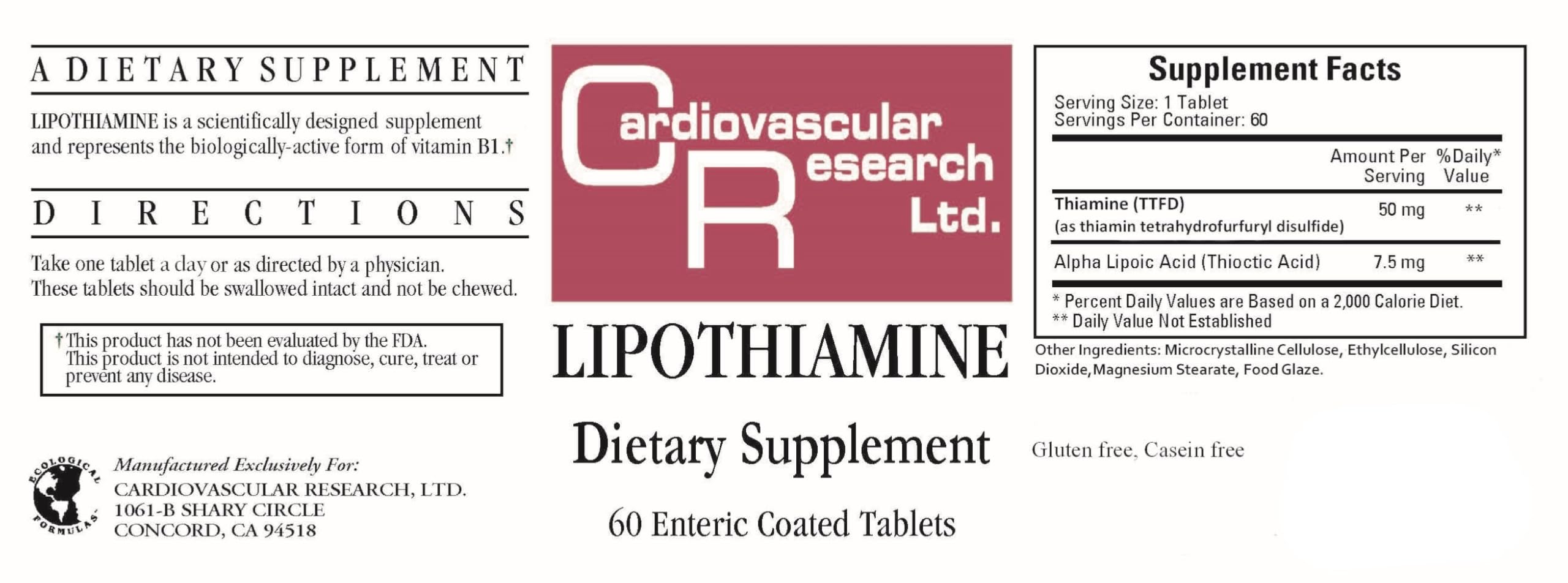 Cardiovascular Research Lipothiamine Vitamin B1 with Alpha-Lipoic Acid New 60 Count — Amazon image 2