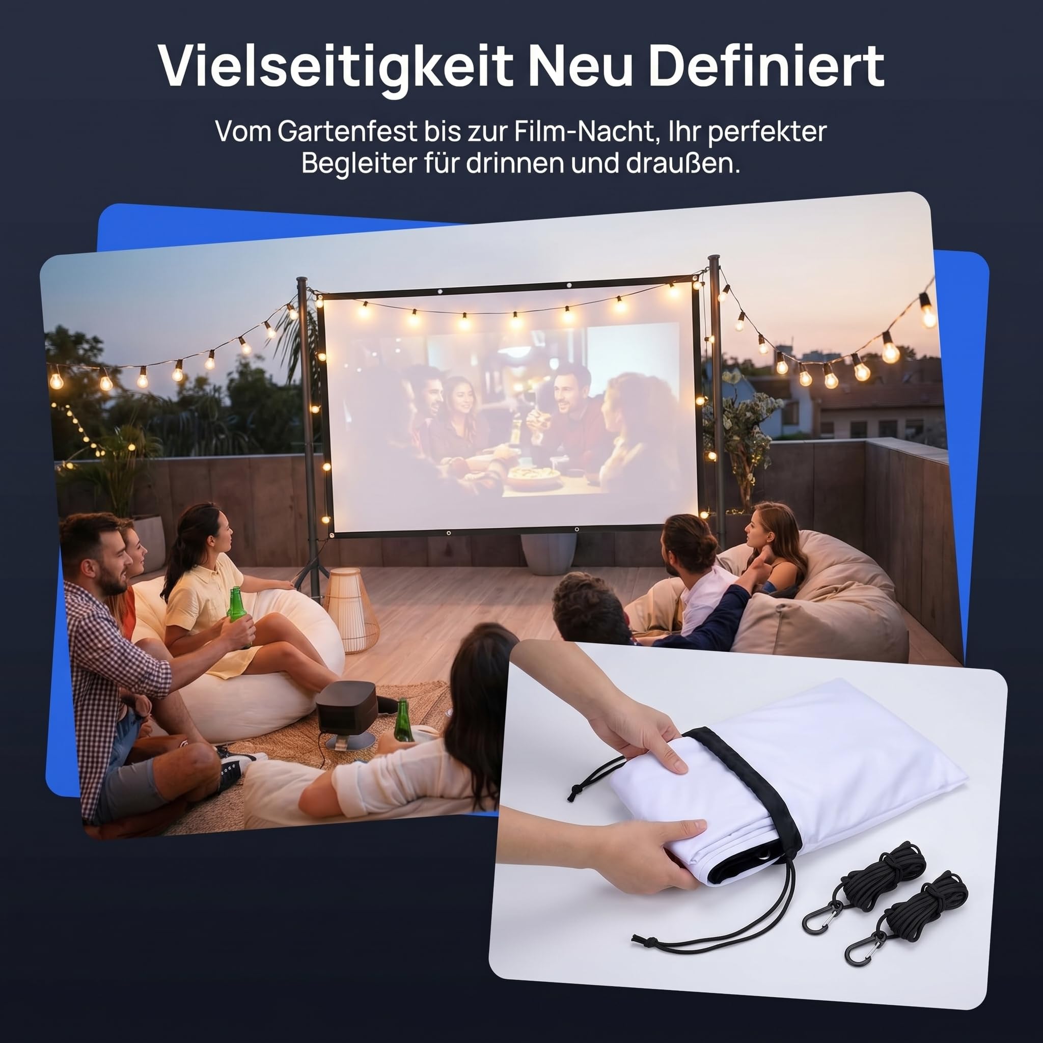 Beamer Leinwand Outdoor mit Stativ, Tragbar Projektor Leinwand 100 Zoll, 16:9 4K HD Projektor Leinwand Tragbar, Filmleinwand Indoor Projektor Tragbare Outdoor Kino für Heimkino Gartenkino Theater