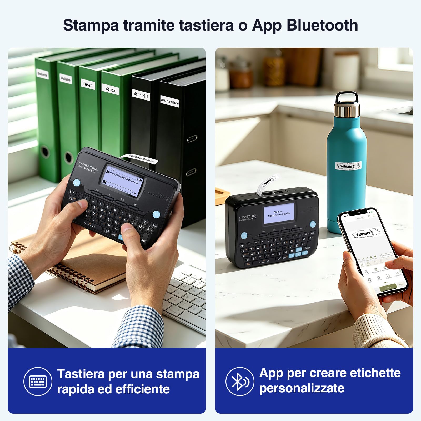 SUPVAN E12 - Etichettatrice con 4 nastri, compatibile con tastiera e app, schermo retroilluminato, margini ridotti, ricarica USB-C, senza inchiostro, ideale per casa, cucina, ufficio, scuola, nero