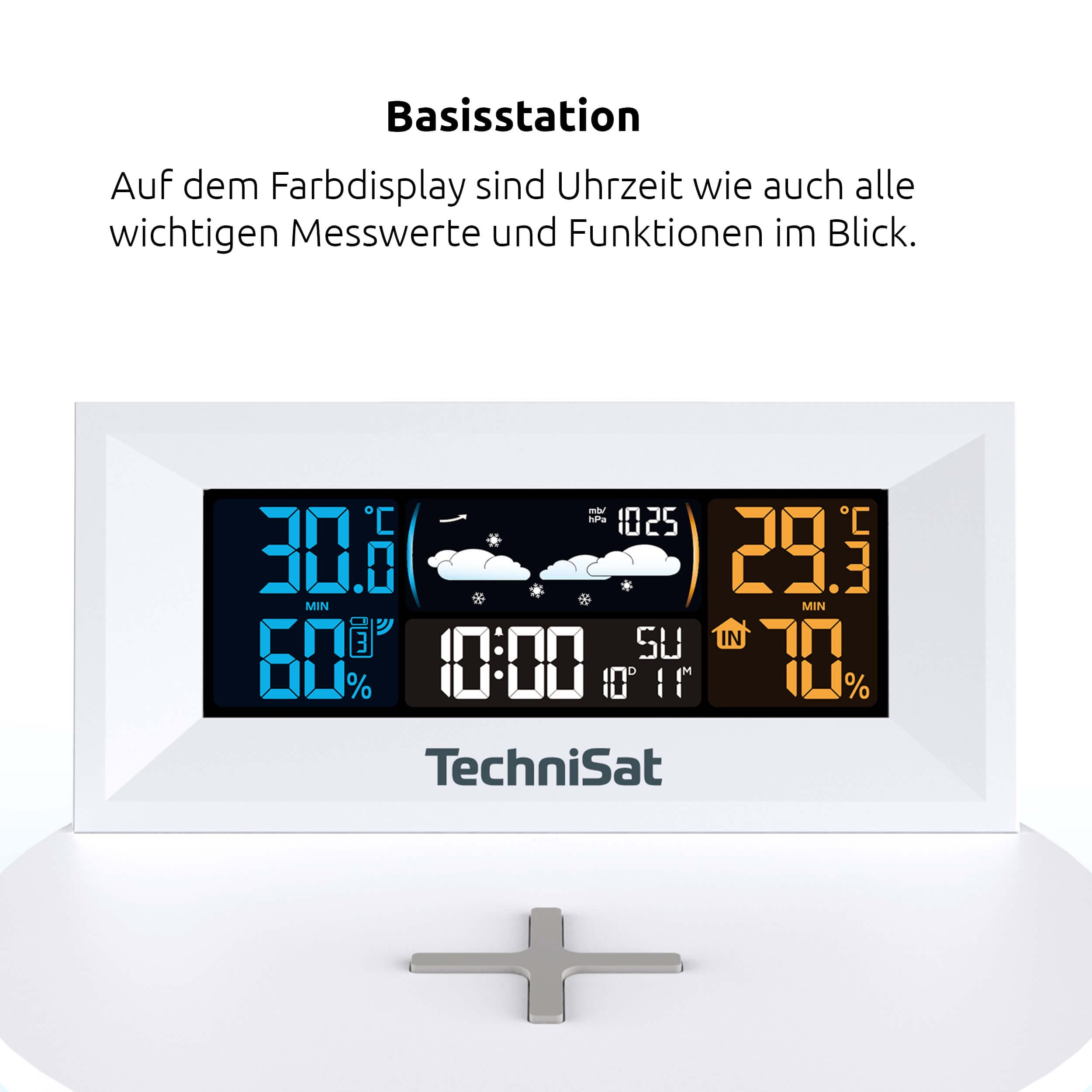 TechniSat IMETEO Q1- Wetterstation mit Außensensor (Messung von Temperatur, Luftfeuchtigkeit, Druck, Wireless Charging, LED Stimmungslicht, Alarm und Snooze-Funktion, USB oder Batteriebetrieb) weiß
