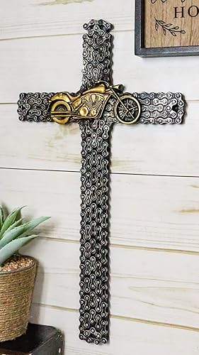 Vista 8 de Ebros Gift Cadenas de motocicleta rústicas occidentales mecánico engranaje motorista con dorado Chopper Escultura de bicicleta Cruz de pared