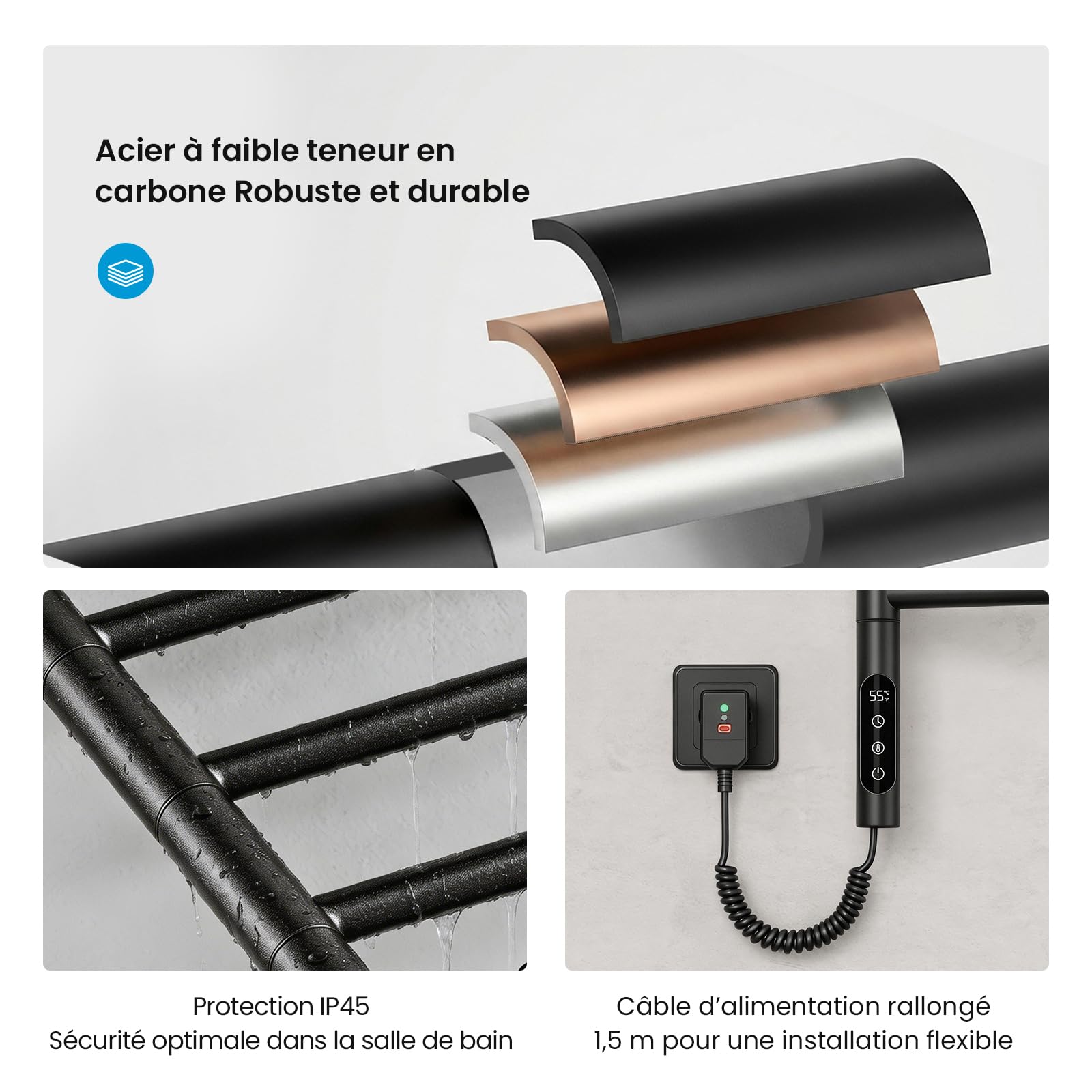 Heilmetz 78x45 mm Sèche-Serviette Électrique 180° Rotatif 135W, Chauffage Salle de Bain WiFi Intelligent avec APP & Commande Vocale, Chauffage à Fibre de Carbone, 30-70℃, Minuterie 1-24h, Noir