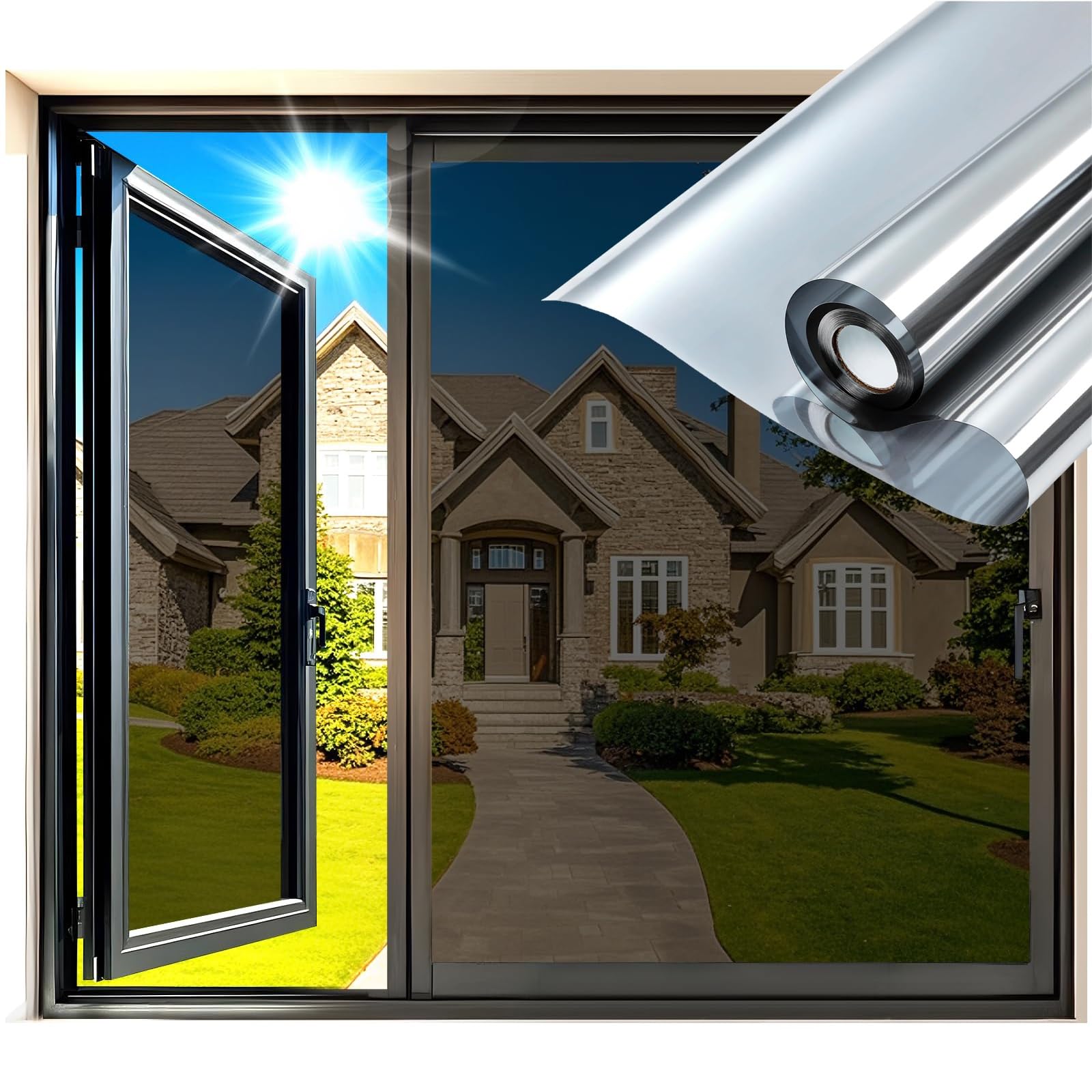Vinilo Espejo Unidireccional para Ventana Lámina Protector Solar Privacidad | Lámina Resistente Al 99% De Los Rayos UV, Para Hogares Y Oficinas, Fácil De Instalar(Black-silver,120x200cm)