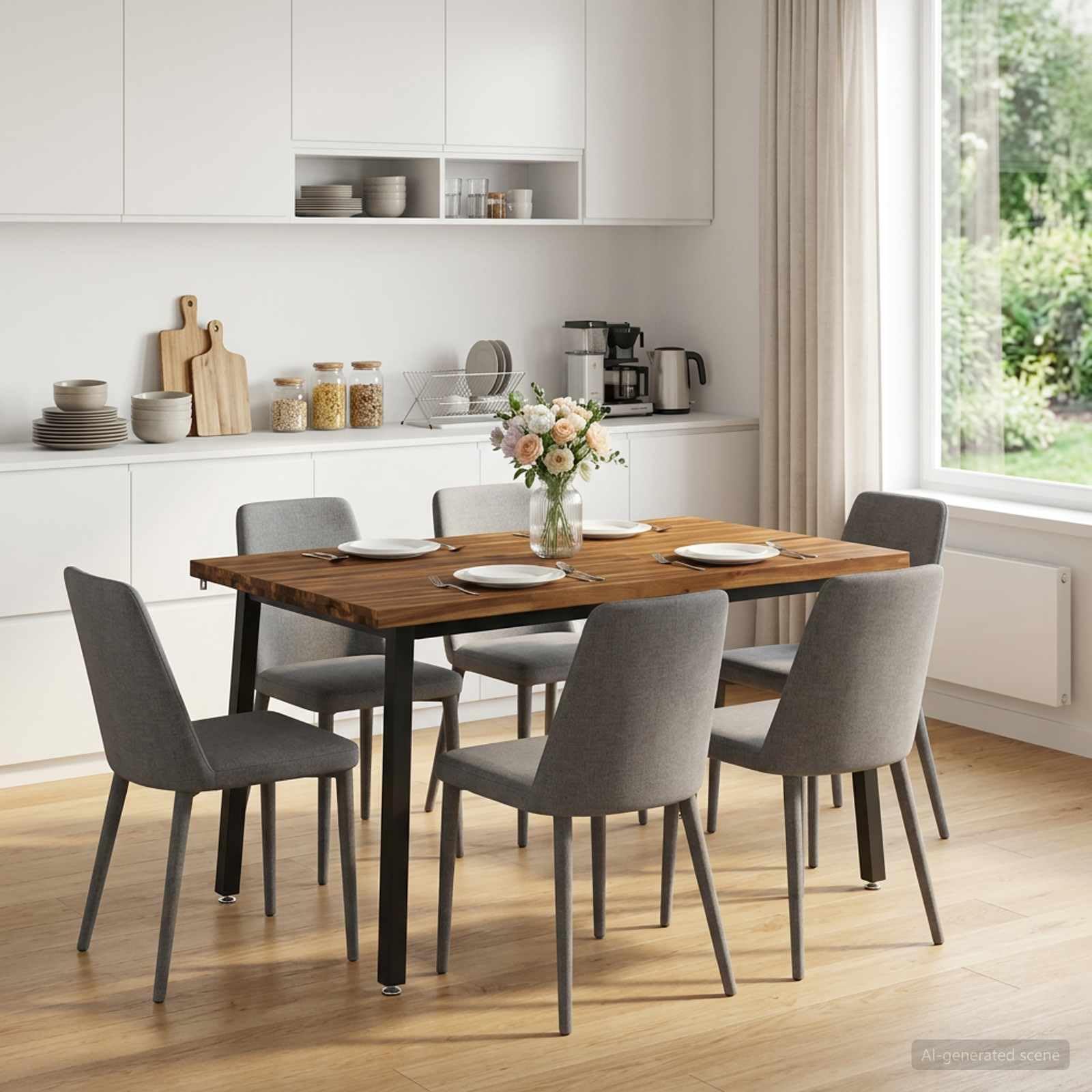 Table à manger en bois d'acacia massif - 110 x 55 x 75 cm - Angle droit avec cadre en acier galvanisé - Grain de bois naturel - Table familiale stable pour salle à manger et salon - Peu