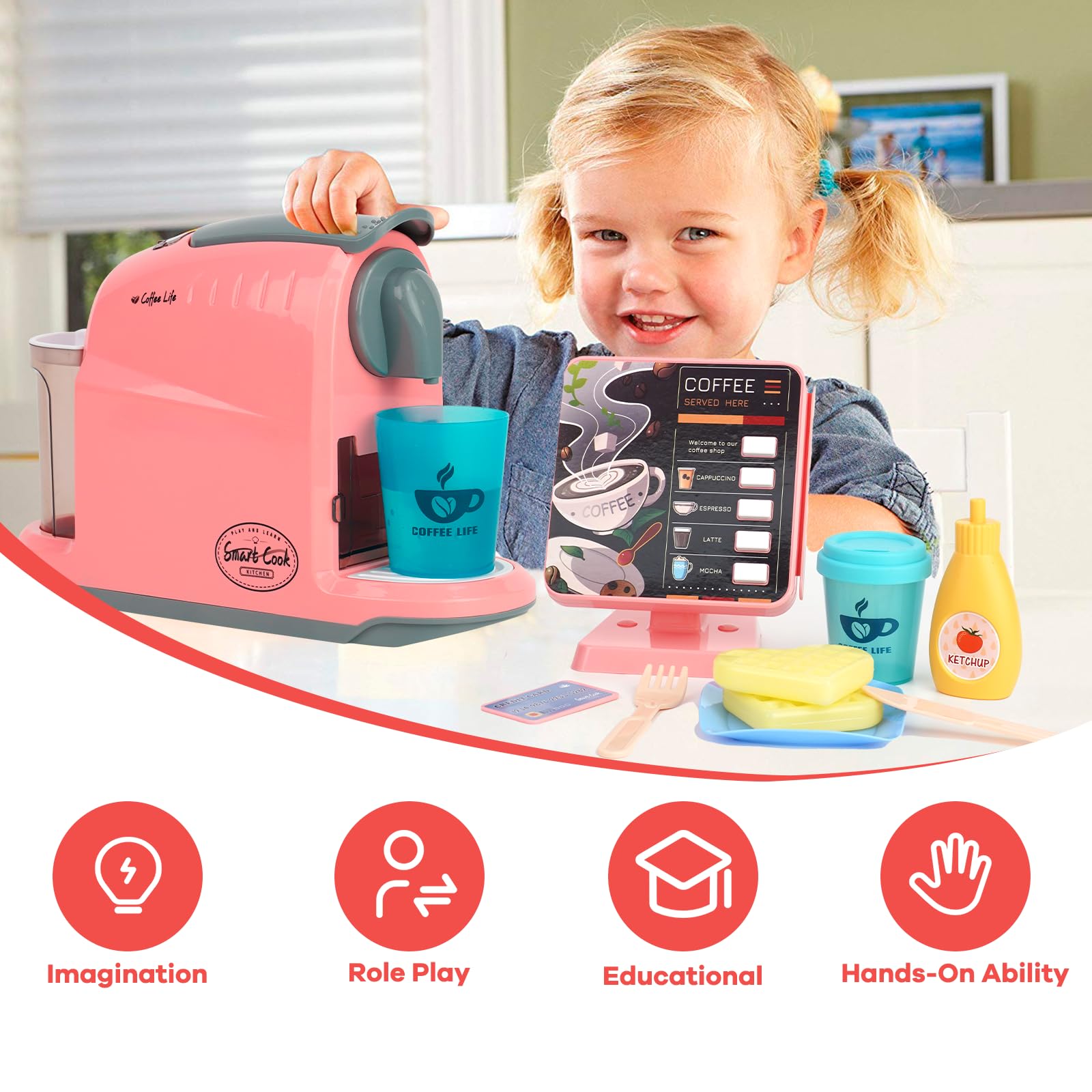 Spielzeug Kasse & Kaffeemaschine Kinder,Kaufladen Zubehör/Küchenzubehör Set,Kindergeschirr Spielküche,Kaffeemaschine Spielzeug,Küchenspielzeug Kaffeeservice für Mädchen und Jungen ab 3 Jahre (Rosa)