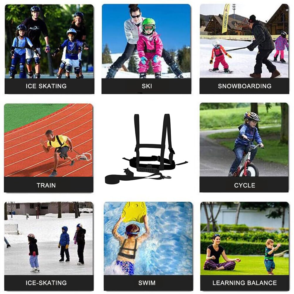Imbracatura per Bambini da Sci e Snowboard, Imbracatura da Allenamento da Sci Regolabile, con Guinzaglio Rimovibile, per Bambini Ragazzi Ragazze Principianti, Nero