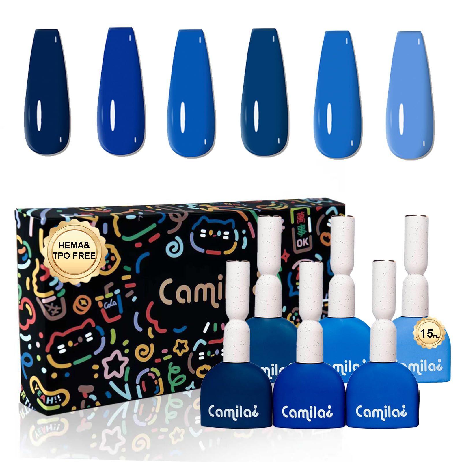 CAMILA 6pcs 15ml Gel Polish Set Navy Blue Gel Nail Polish Kit Hema Free Tpo Free UV Gel