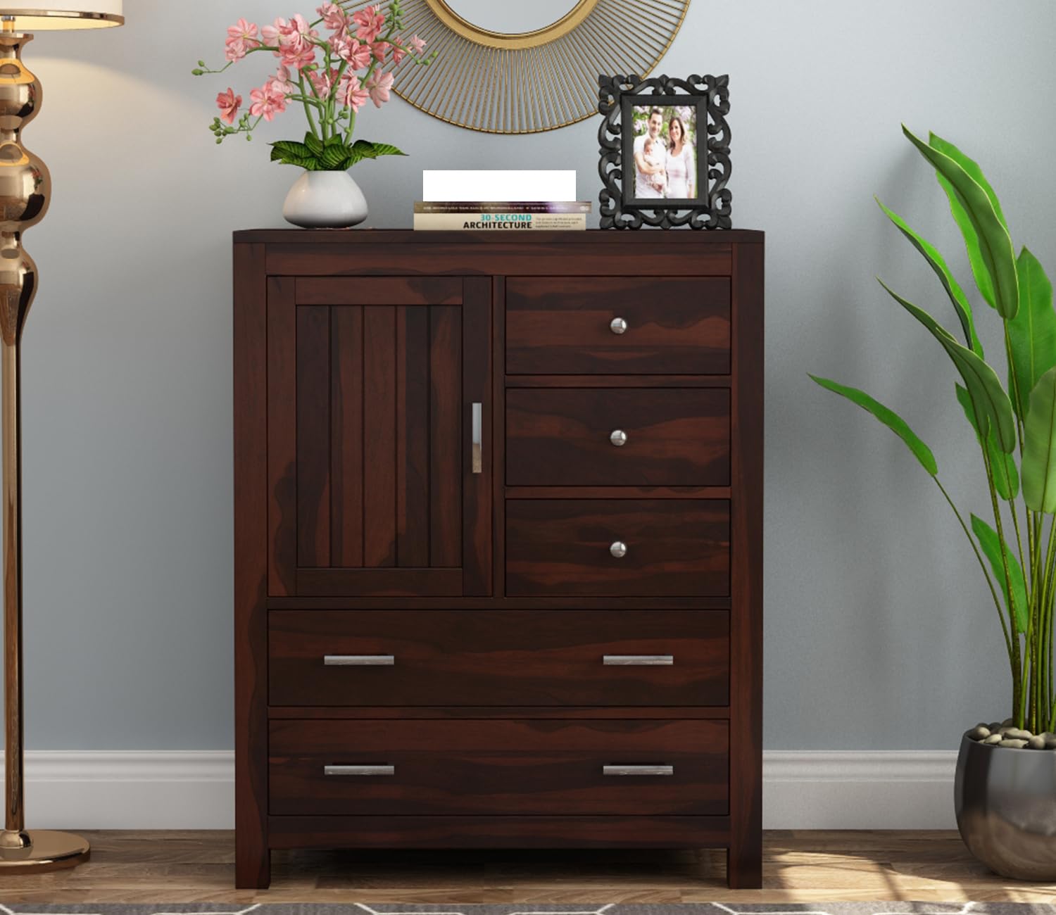 GADWAL FURNITURE Solid Sheesham Wood Wooden Chest of Drawers with 5 Drawer Storage | Multipurpose Storage Cabinet Rack for Bedroom Home Living Room (Maeve, Walnut Fininsh)-image-37