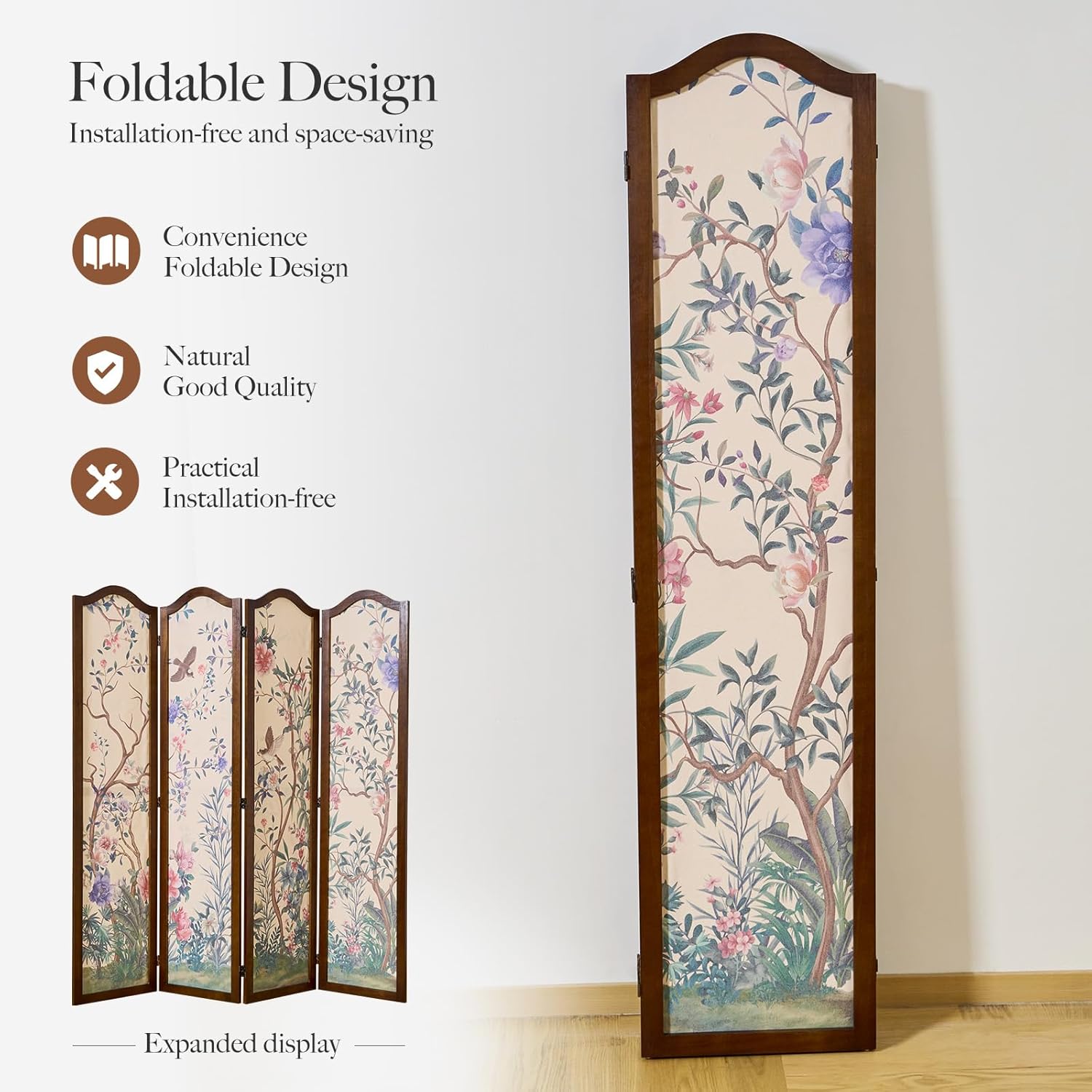 Svimi Oriental Style 4 Panel Room Divider and Folding Screen Room Divider,Freestanding Partition Screen,67″H x 64″W (Forest, Cloth Art)