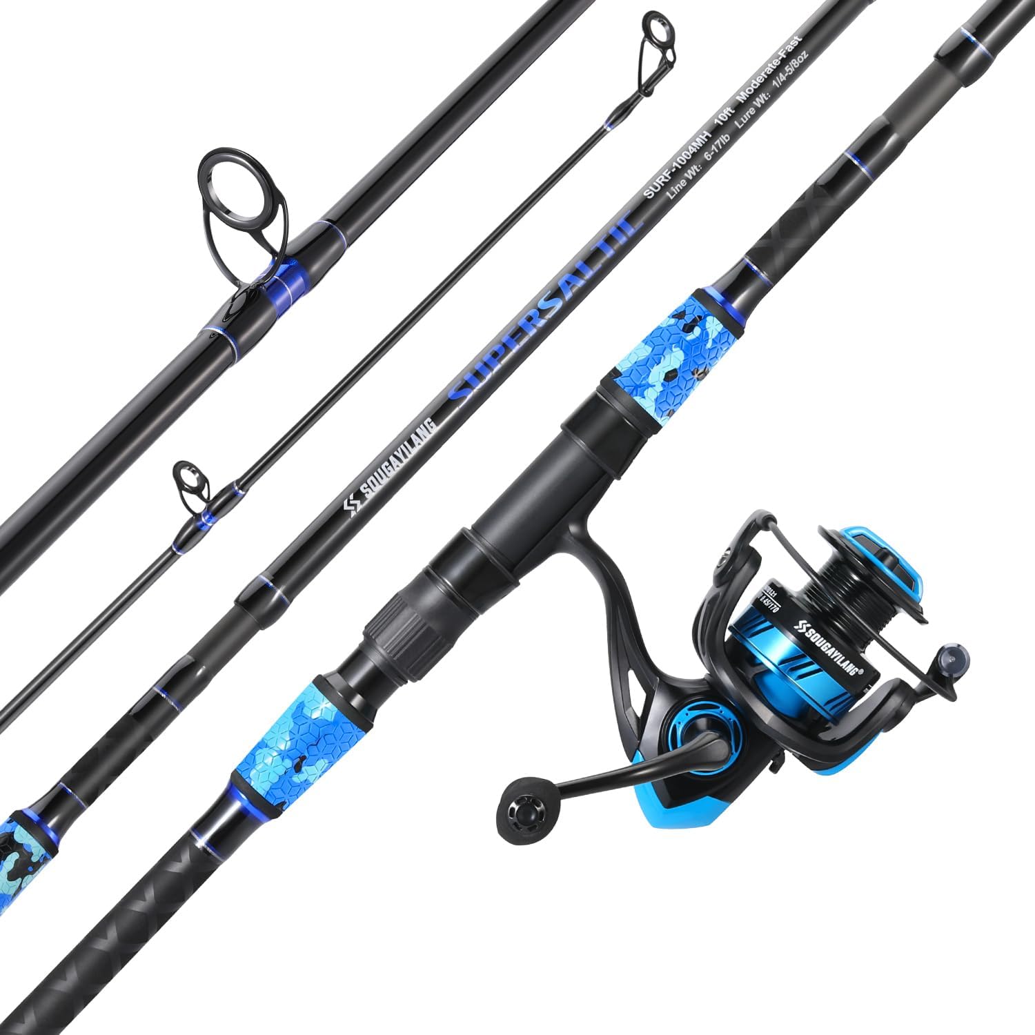 sougayilang surf fishing rod and reel combo, 4 piece mh/h saltwater fishing combo with 5000 size spinning reel(12'/15') blue 15ft-spinning-4pc-heavy