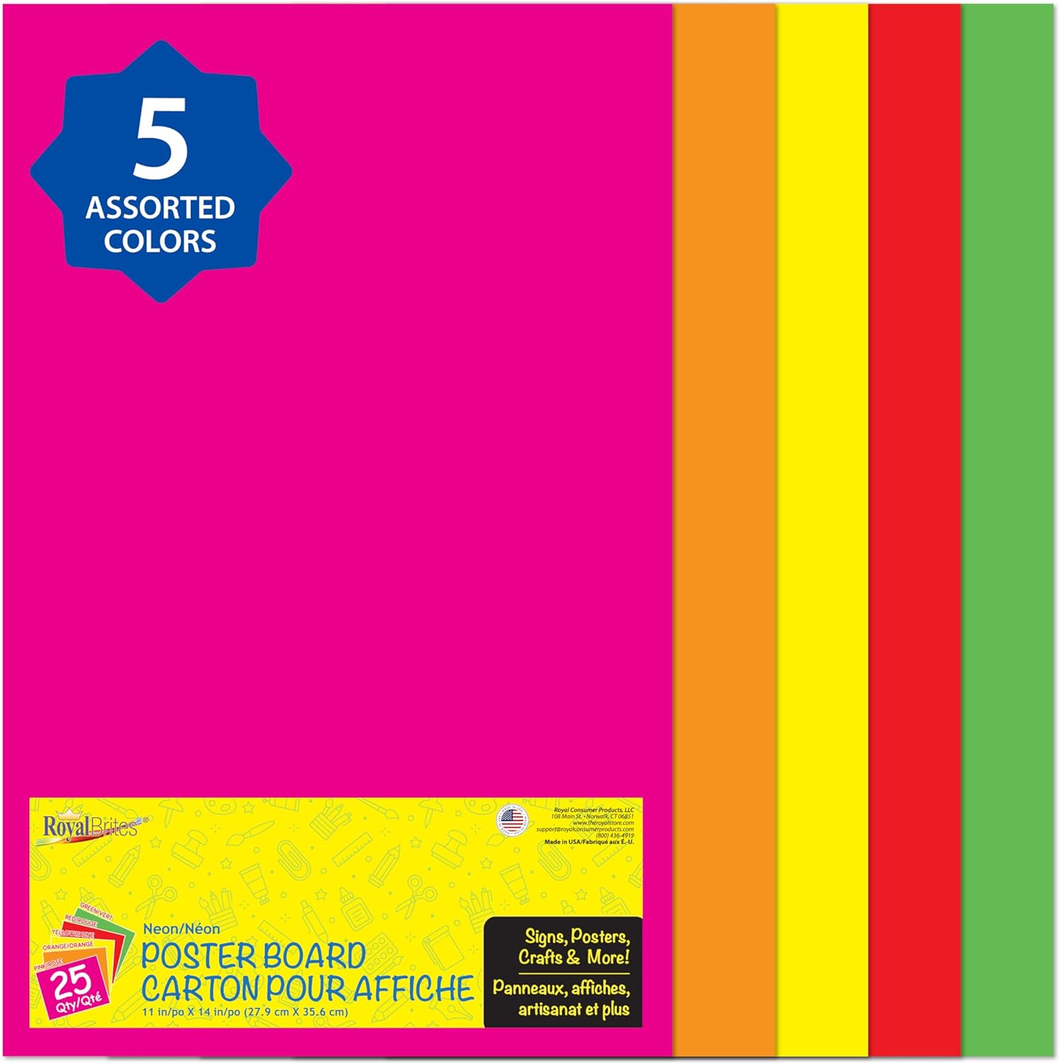 Royal Brites Neon Poster Board 14" x 22" - Striking Colors, Fade-Resistant, Water-Resistant - Ideal for Vision Board Supplies, Signs, Announcements - Lightweight, Durable - Made in USA, 25 Sheets