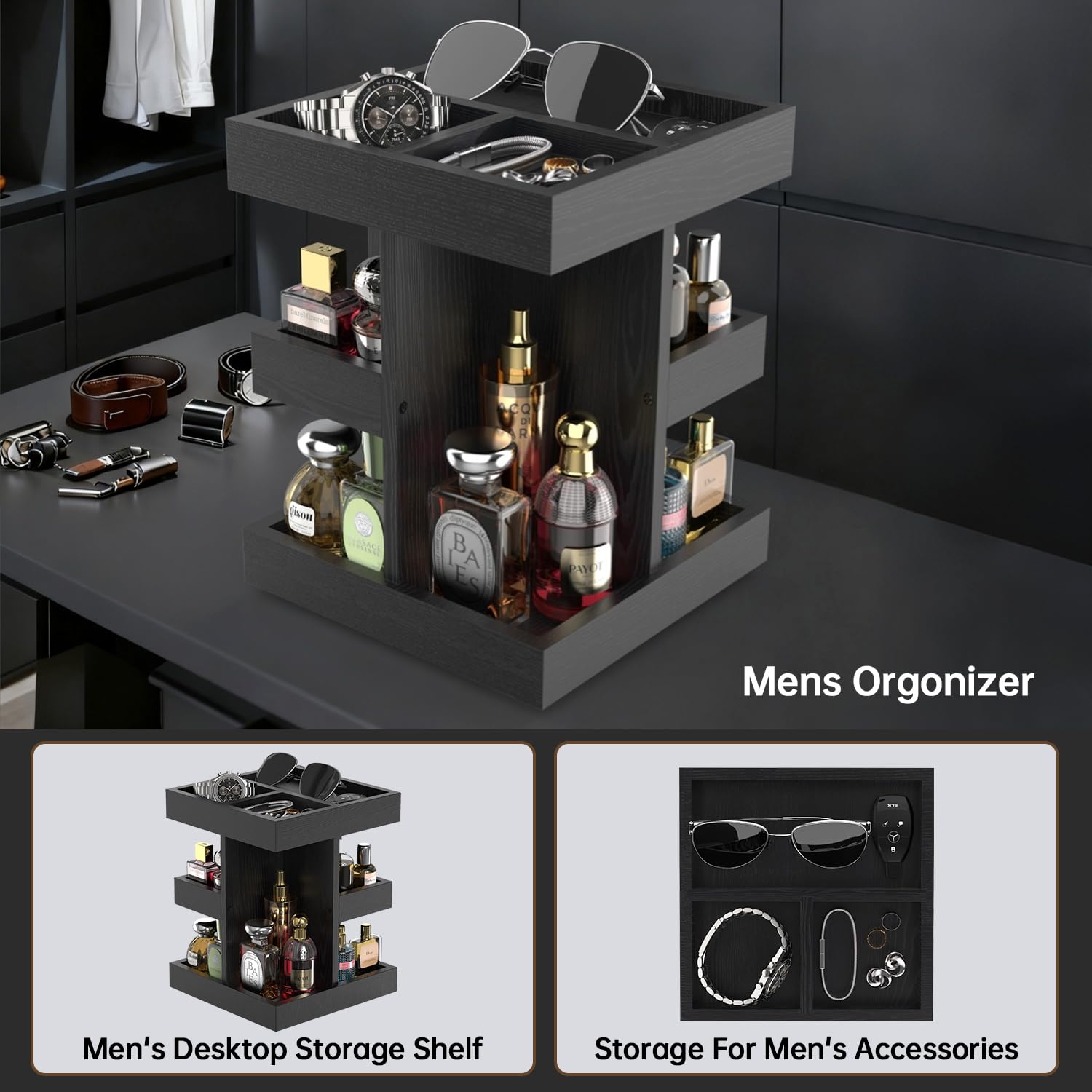 Rotating 3-Tier Solid Wood Cologne Organizer
