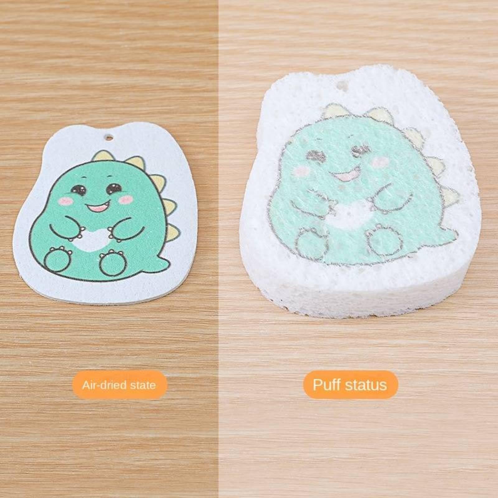 Virivi Cartoon Water-Absorbent Wood Pulp Cotton Compressed Sponge That Becomes Larger When Exposed to Water, Dishwashing Cloth, Non-Stick Oil Sponge, Pot and Bowl Artifact, 3PCS