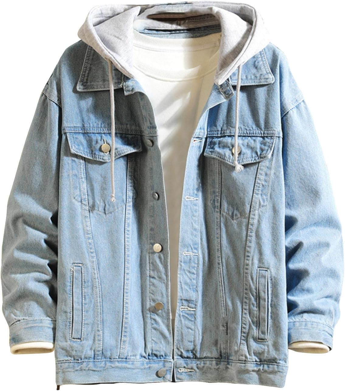 Men's Jean Jackets Fashion Washed Denim Drawstring Hooded Sport Jacket Button Plus Size Loose Comfy Coat Outwear