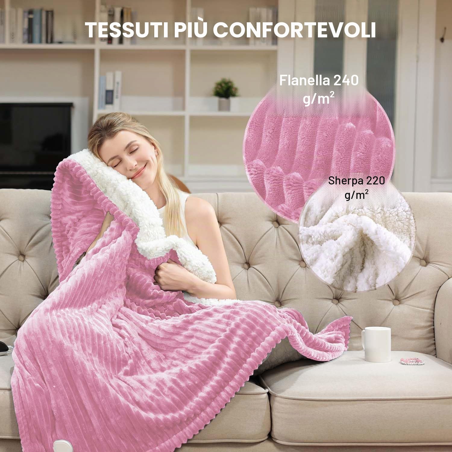 Coperta Riscaldante Elettrica con Spegnimento Automatico,180 x 135 cm,Timer 10 Ore e 6 Temperature,Rapido Riscaldamento,Flanella,Lavabile in Lavatrice,Coperta Termica per Letto, Casa e Ufficio-Rosa