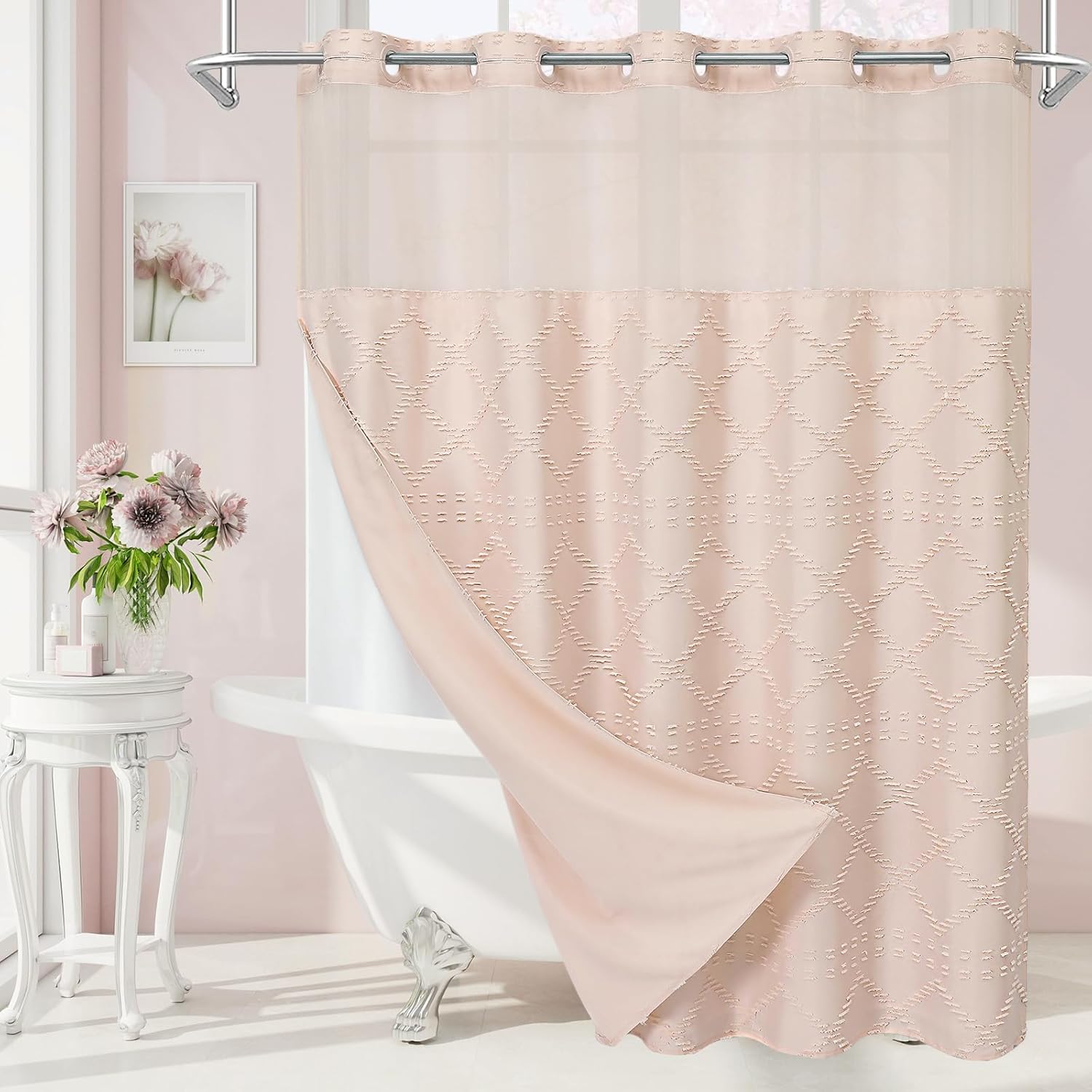 No Hooks Boho Light Pink Woven Fabric Shower Curtain 72 x 86 Modern Farmhouse, Tufted Chevron Striped Shabby Chic Textured, Minimalist Hookless Shower Curtains for Bathroom, Hotel Decor