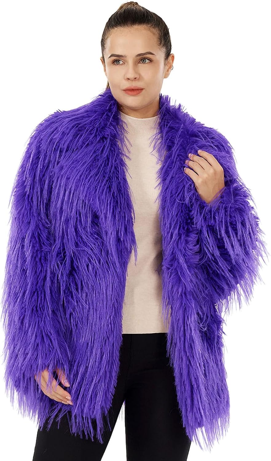 Women's Fluffy Faux Fur Coat Warm Lapel Shaggy Cardigan Outwear Open Front Fall Winter Jacket with Belt & Pockets