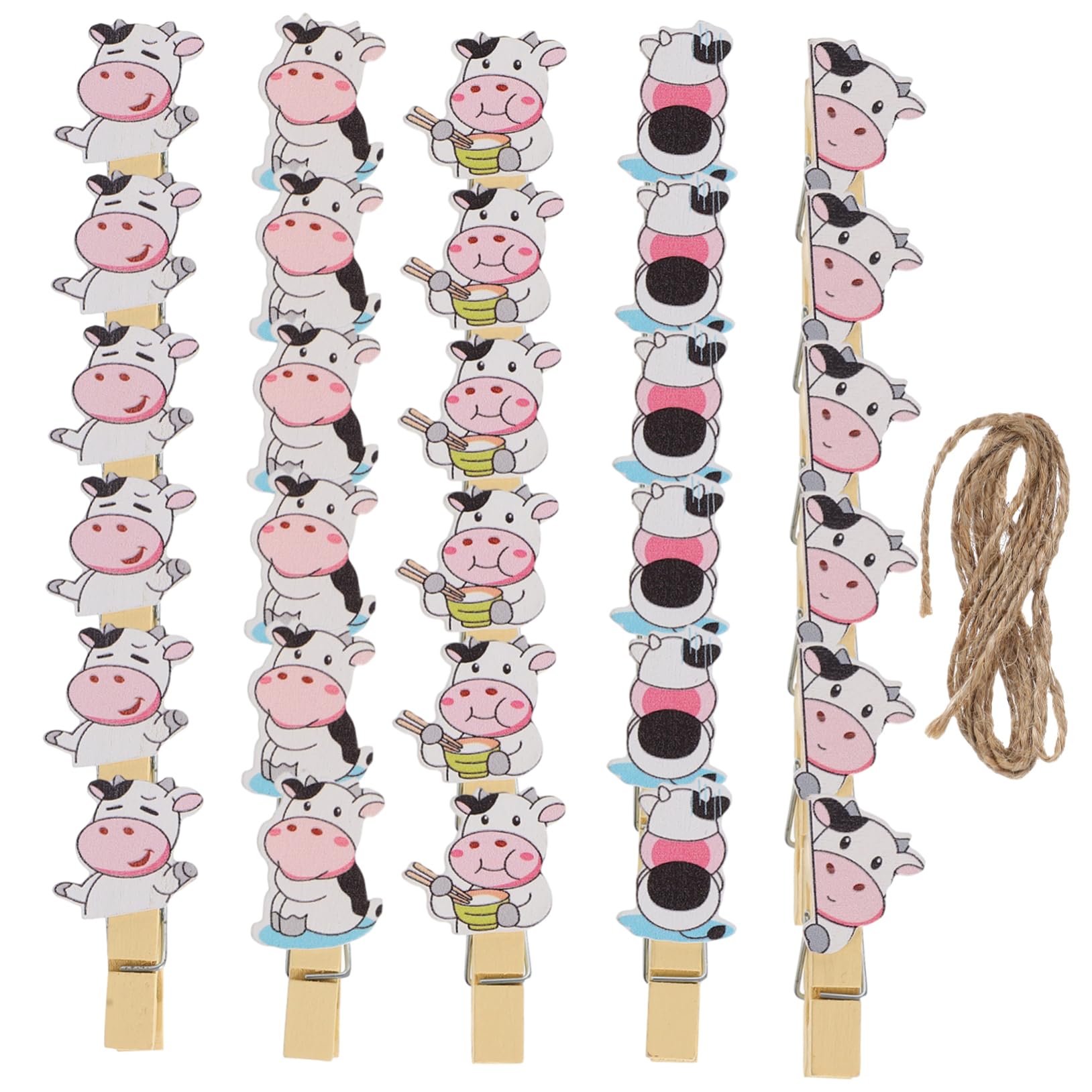 MUCKLILY 5Packs Wooden Cow Shaped Photo Clips with Hanging Rope Eye Catching Memo Holders for Home Decor Crafting and Parties Wooden Picture Clamps Total Clips