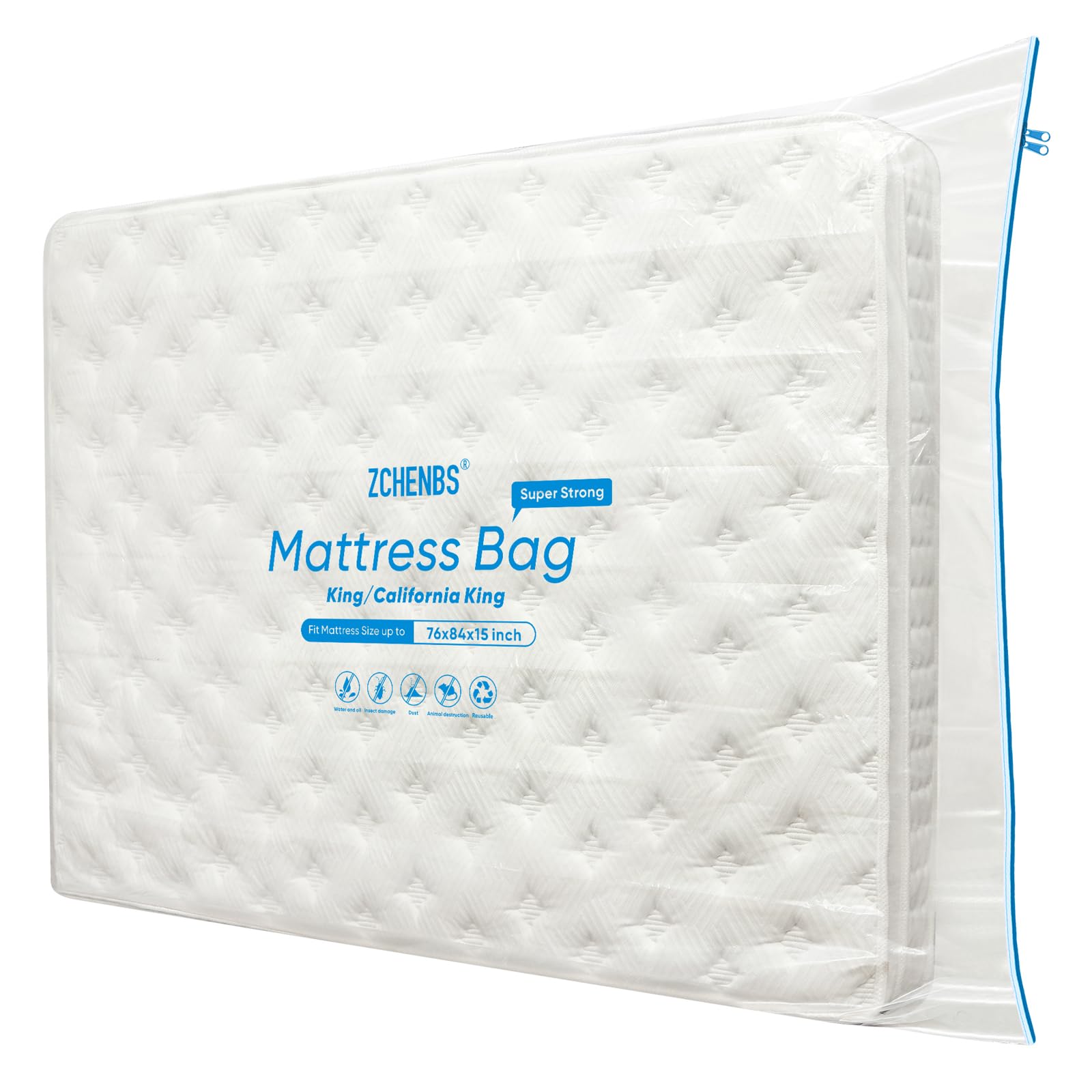 ZCHENBS® - 2 PK King/Cali King Mattress Bags for Moving, Waterproof Storage Bag with Zipper, 5 Mil Thick Heavy-Duty Mattress Protector Cover for Moving, Reusable (Transparent/Blue, 2 Pack)