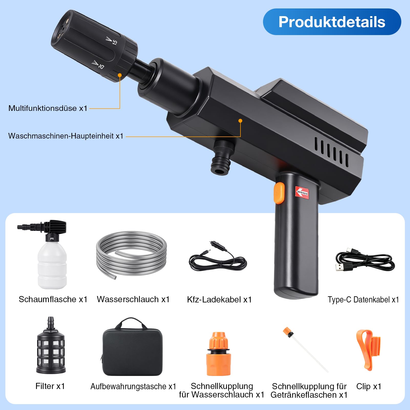 Hidrolimpiadora de Alta Presión, Hidrolimpiadora Inalámbrica 60 Bar/870PSI con 3 x 4000mah Baterías Recargables, Boquilla Hidrolimpiador de Bateria para Limpieza de Automóviles