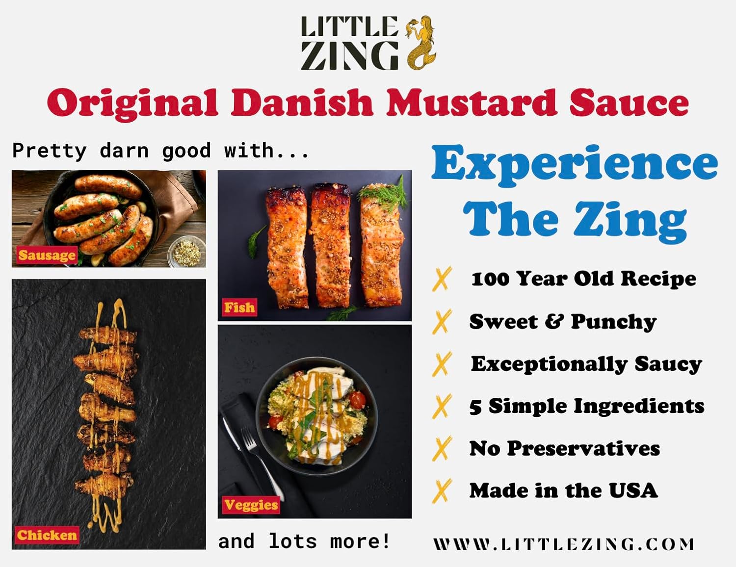 Little Zing Danish Mustard – Sweet & Punchy Gourmet Mustard Sauce with Horseradish Kick – All-Natural, No Oils, Fillers, or Preservatives – Bold & Versatile Sauce for Sandwiches, Meats, Dressings & Dips – 10 oz Bottle