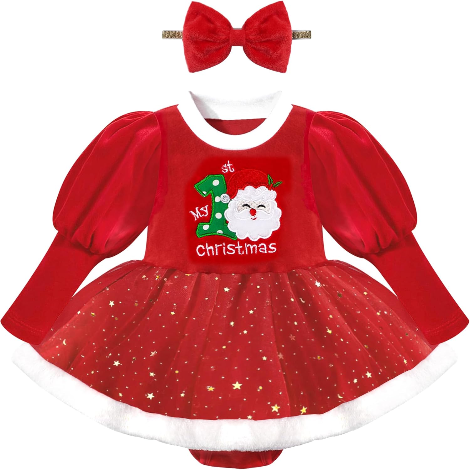 NAPU Baby Girl Christmas Outfit - Ruffle Long Sleeve My 1st Christmas Dress with Headband