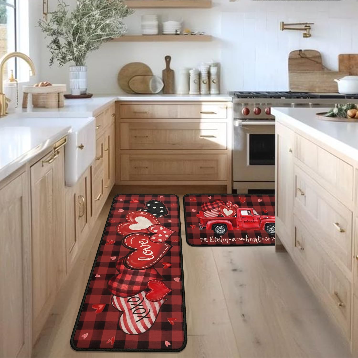 Valentine's Day Kitchen Rugs Set of 2,Red Love Heart Kitchen Mat Non-Slip Washable,Valentine's Day Kitchen Decor Non-Slip Washable Floor Mat for Valentines Day Kitchen Sink Laundry Room,17x30+17x47In
