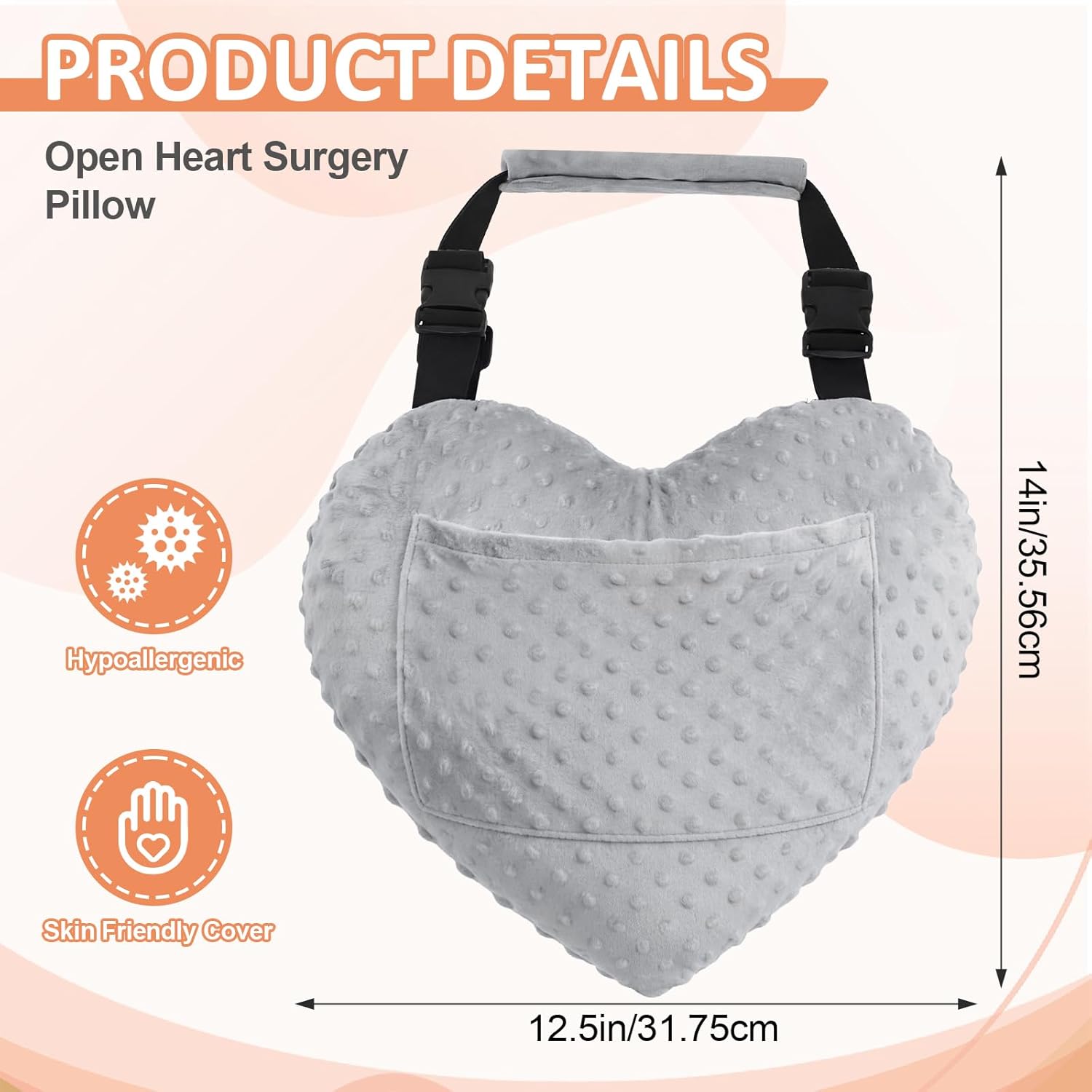 Geelin Open Heart Surgery Pillow for Heart Surgery Recovery Gifts After Bypass Coughing with Pocket Must Have for Chest Surgeries Recovery Seatbelt Pillow Post-Surgery Shock Absorbing Chest(Grey)