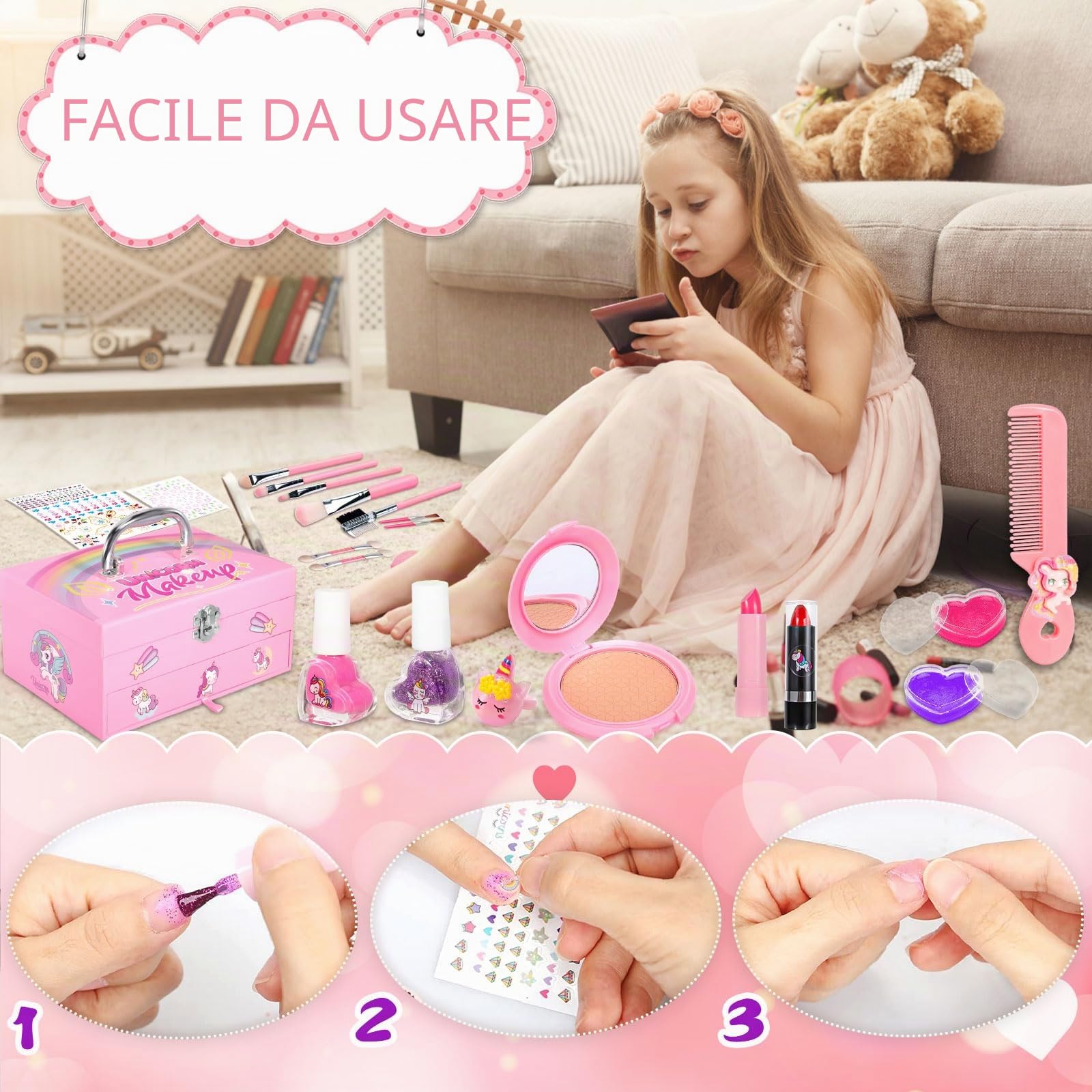 Set Trucchi per Bambini, 59 Pezzi Lavabile, Valigetta Trucchi, Giochi Natale Halloween Compleanno Regalo 5-12 Anni