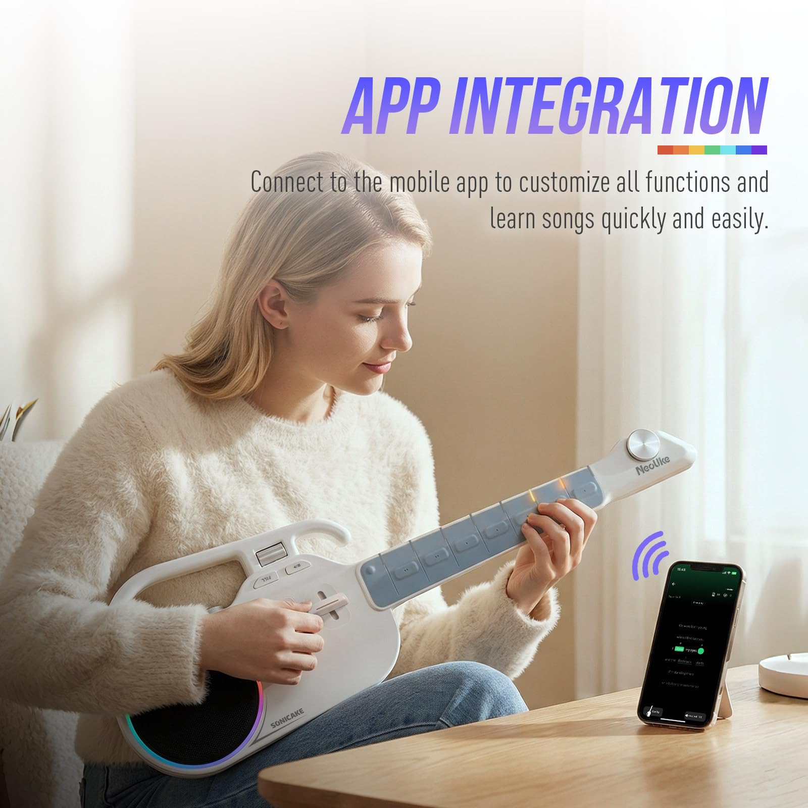 SONICAKE Chitarra Intelligente Senza Corde, Ukulele Digitale con Tastiera Illuminata per Principianti, Strumento da Viaggio Portatile con Altoparlante BT 10W Integrato, Auto Accompagnamento e App