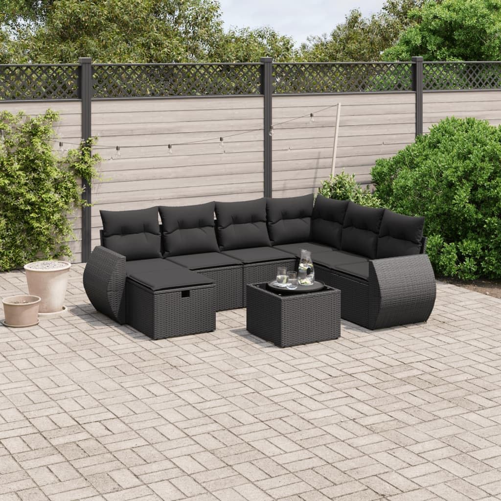 Conjunto de sofás de jardín, muebles modulares con mesa de vidrio templado, ratán PE y acero, esquinero negro para terraza o patio