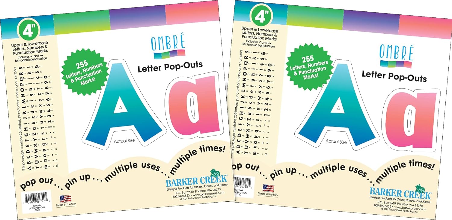 Barker Creek 4" Letter Pop-Outs, Ombré, Jazz Up Your Bulletin Boards with These Colorful Letters, 510 Upper and Lowercase Letters, Numbers & Punctuation Marks, 4", Pack of 2 (4349)