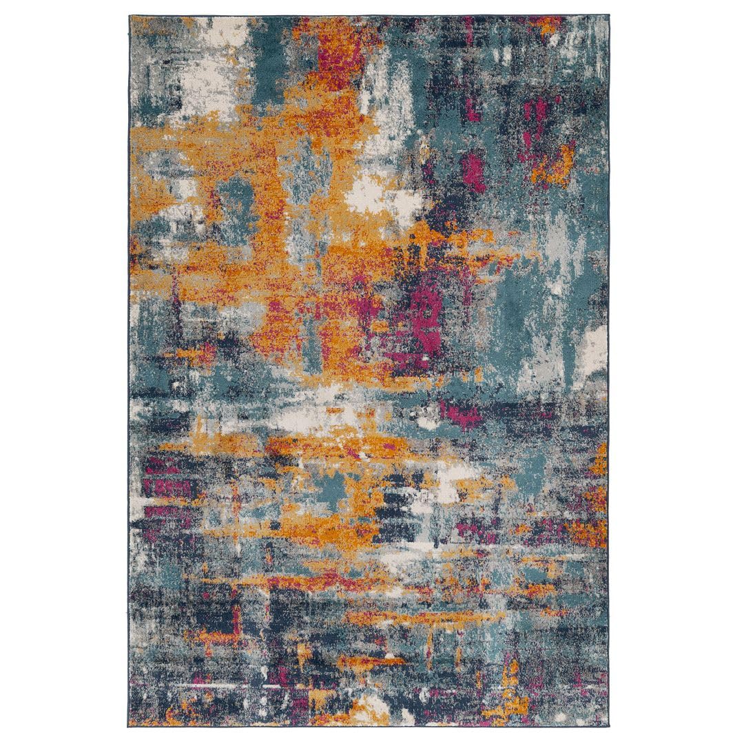 Multicolour Rug Kids Bedroom Rugs for Teenagers Colour Splash Blue Ochre White Cloud Grey Modern Art Soft Funky Design Abstract Pattern Area Rugs Easy Clean Large 190cm x 280cm