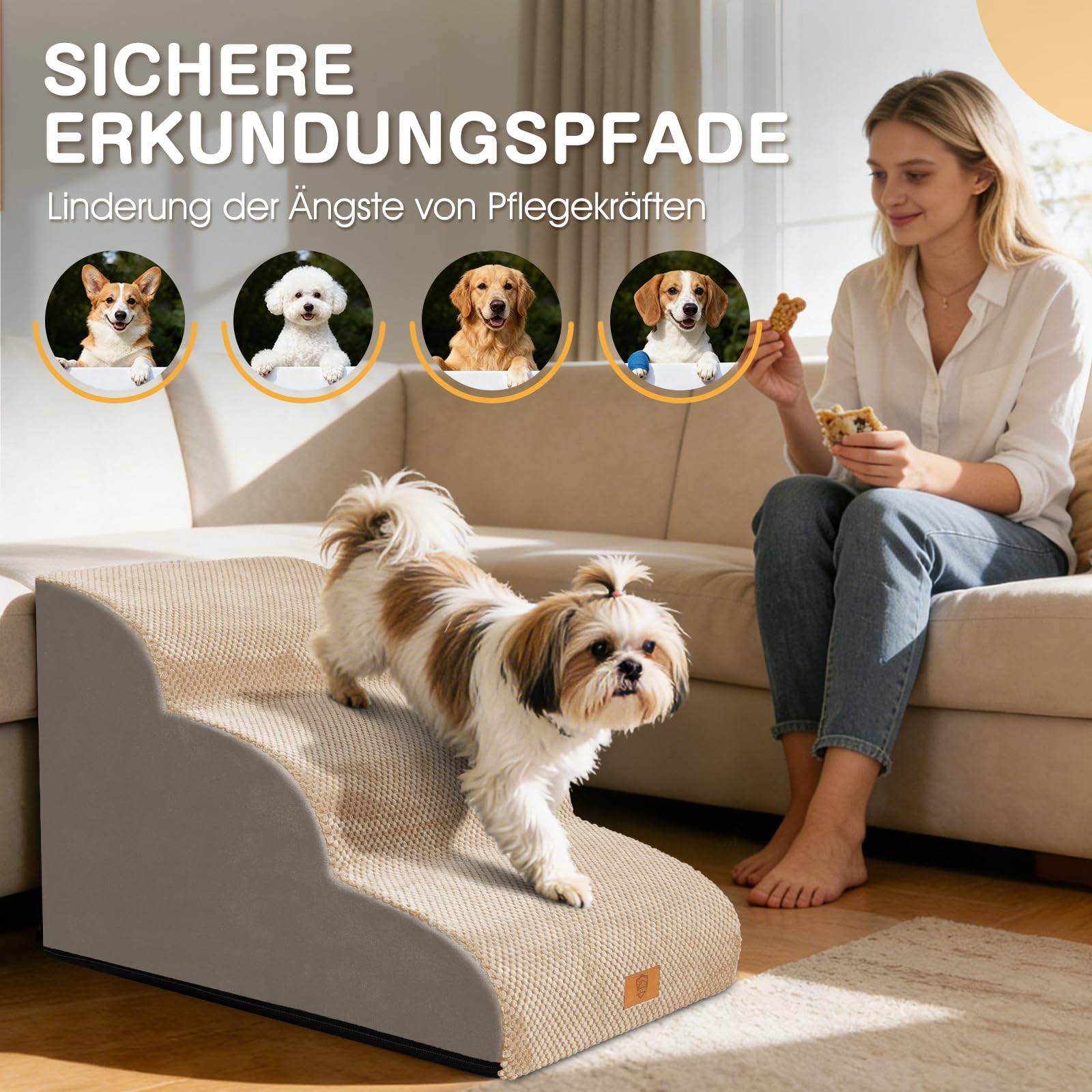 Escalera para perros pequeños, 3 niveles, lavable de esponja densa, impermeable y antideslizante, 60x40x40 cm