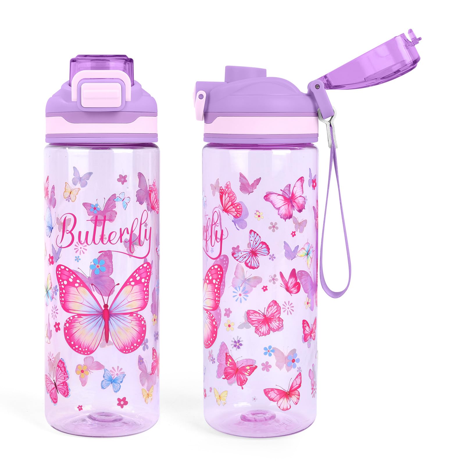 Decalsweet Kids Water Bottle with Handle,650ml BPA Free Childrens Water Bottle,Leakproof Sport Bottle for Girls Teens,Tritan Drinking Bottle for School Travel Gym,Butterfly