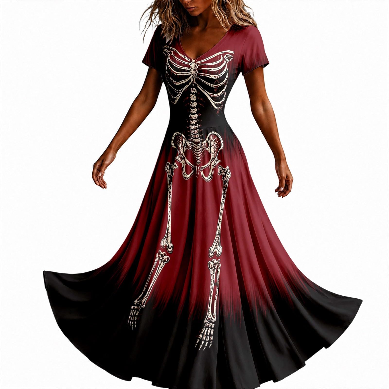 Halloween Dresses for Women UK Ladies Gothic Dress Skeleton Print Costume Short Sleeve V Neck Plus Size Costumes Scary Funny Skeleton Printed Halloween Elegan Flowy Maxi Dress Cosplay Party