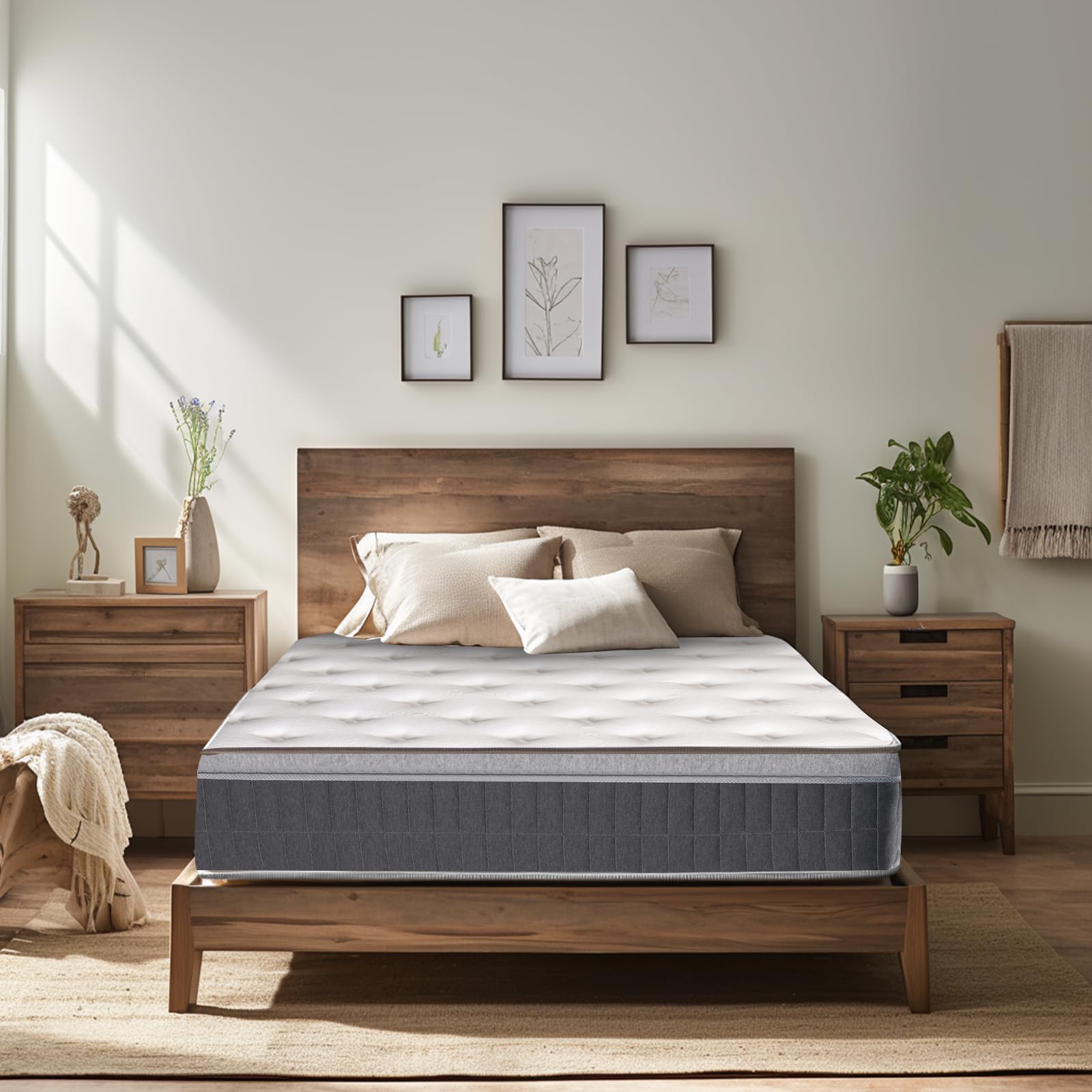 12 Inch Grey Hybrid Queen Mattress in a Box Gel Memory Foam for Cool Sleep Queen Medium Firm White King Size Mattresses Pocket Springs for Motion Isolation Edge Support Pain Fiberglass-Free