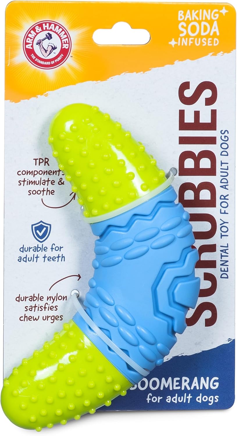 Arm & Hammer for Pets Scrubbies Boomerang Chew Toy for Adult Dogs Infused with Baking Soda – Durable Teething Toy with Unique Shape for Fetch & Chew – Interactive Dental Chew Toy for Dogs