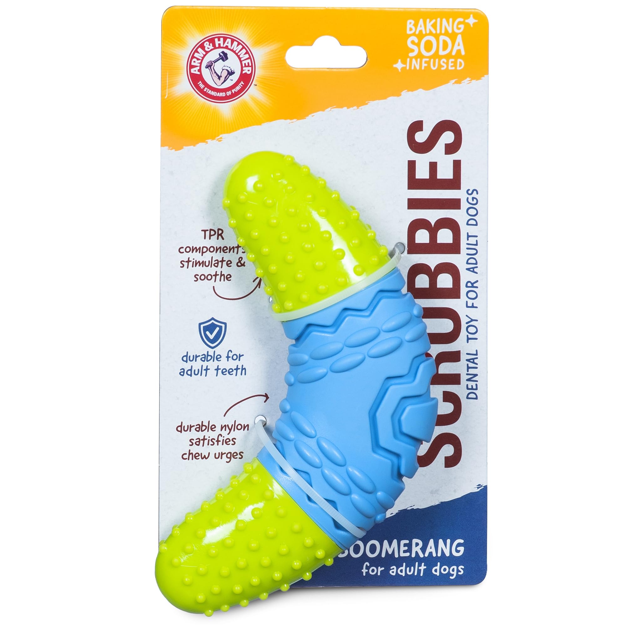 Arm & Hammer for Pets Scrubbies Boomerang Chew Toy for Adult Dogs Infused with Baking Soda - Durable Teething Toy with Unique Shape for Fetch & Chew -