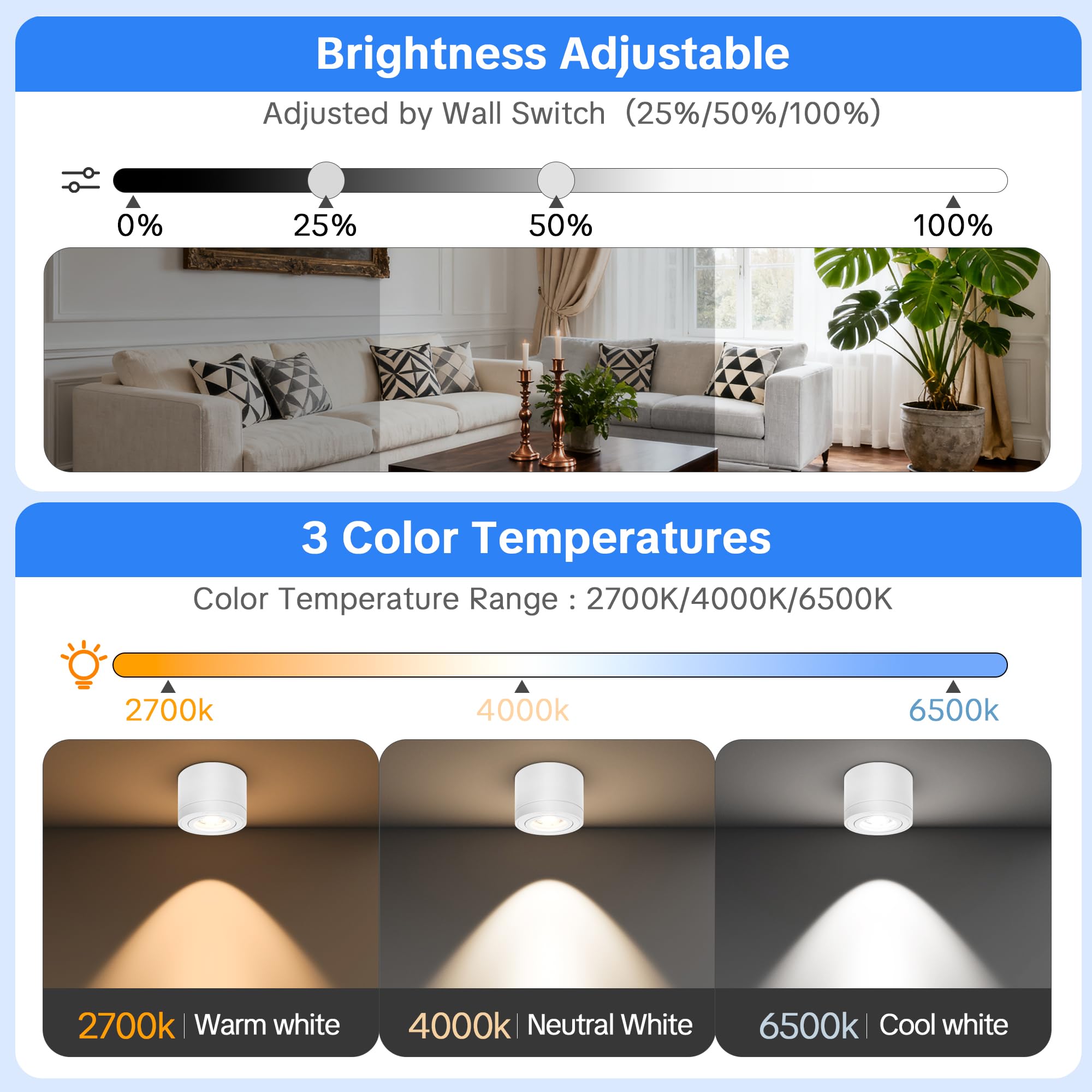 4x Led Aufbauspots Weiß - 30° Schwenkbar Ø80x60mm Deckenstrahler - inkl. 6W Led Modul 230V 2700K/4000K/6500K Dimmbar Deckenspots - Aufbaustrahler - Aufputz Spots