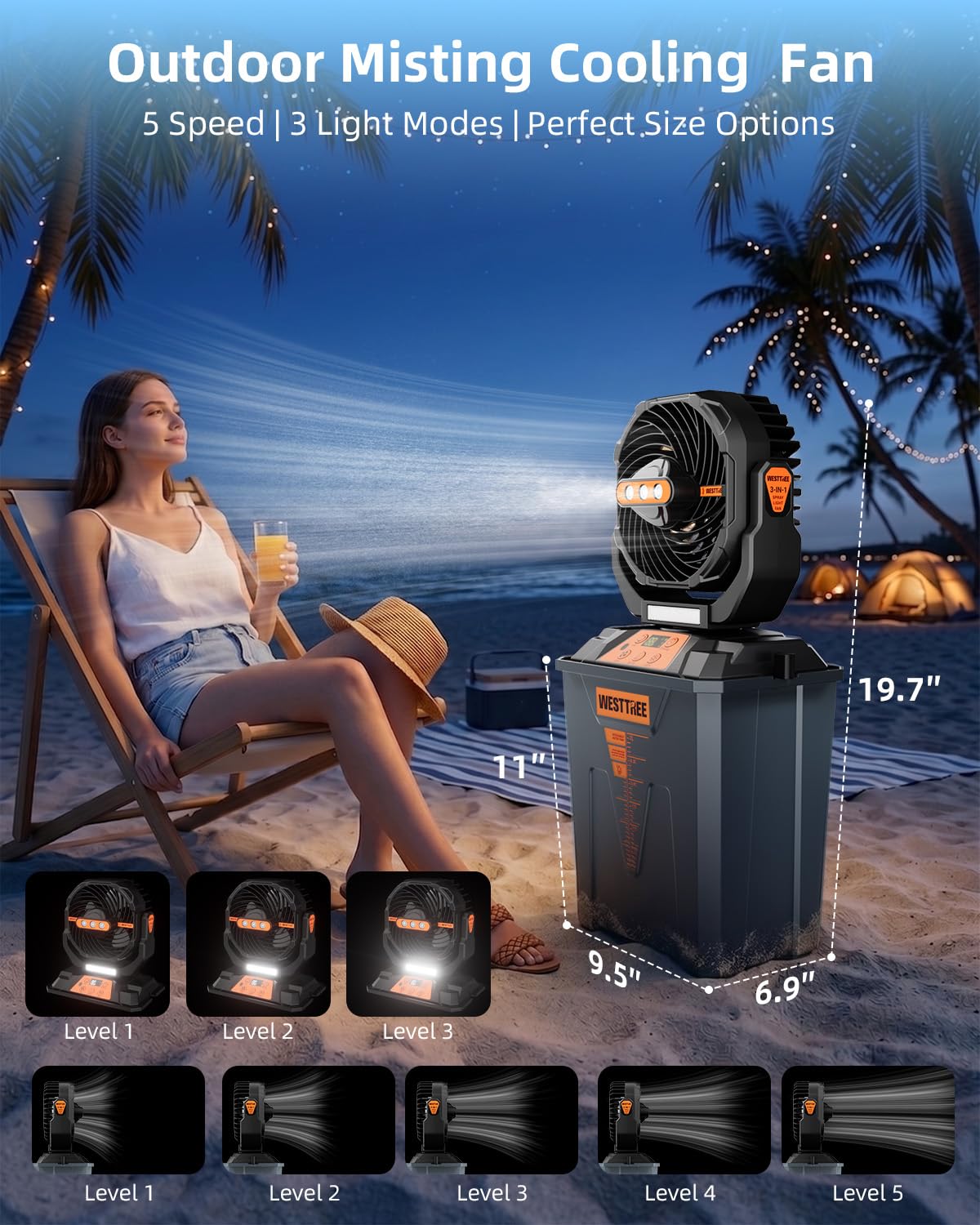 WESTTREE Ventilatore nebulizzatore portatile, grande ventilatore a nebbia ricaricabile alimentato a batteria, lunga durata, design con 3 ugelli, ventilatore portatile per casa, patio, campeggio