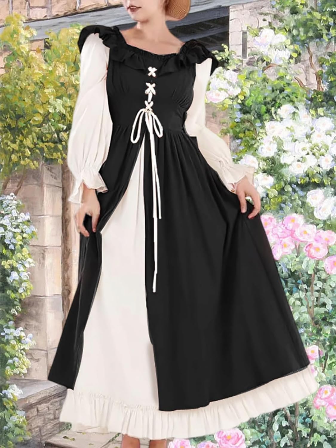 WISHU Women’s Renaissance Dress, Victorian Medieval Costume Dress Halloween Ruffle Maxi Dresses - Image 4