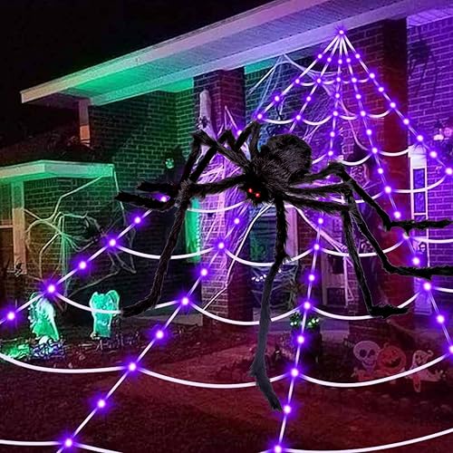 Miniatura 7 de Decoraciones de Halloween Telarañas: luces de telaraña 135 luces LED moradas de 59 pulgadas, araña gigante aterradora, decoraciones de Halloween al