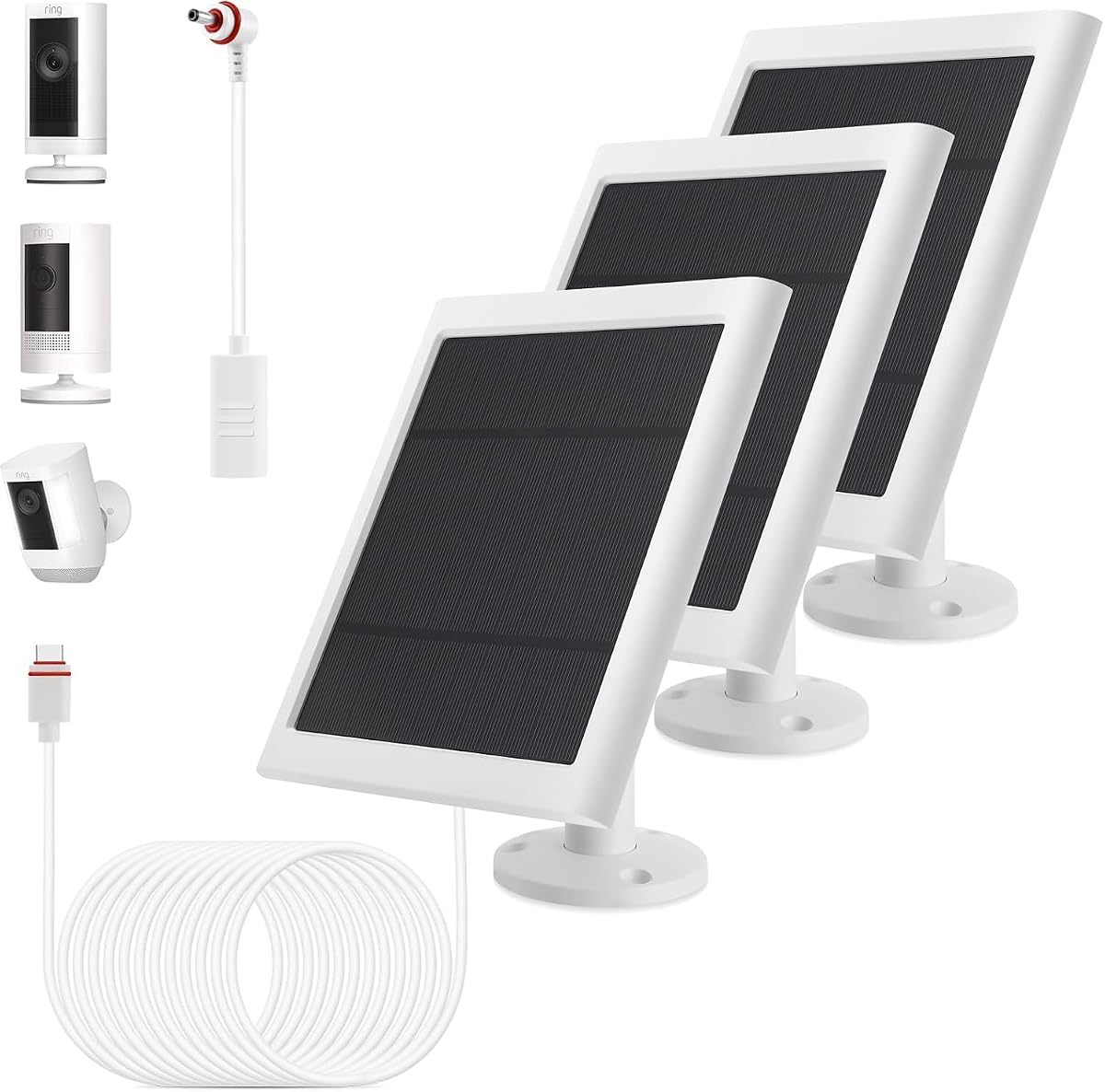 Panel solar para exteriores para cámaras Ring (blanco 3P) Spotlight Cam Plus/Pro Stick Up Cam/Pro inalámbrico para exteriores con cable de 10 pies/3 m de largo a prueba de polvo e impermeable