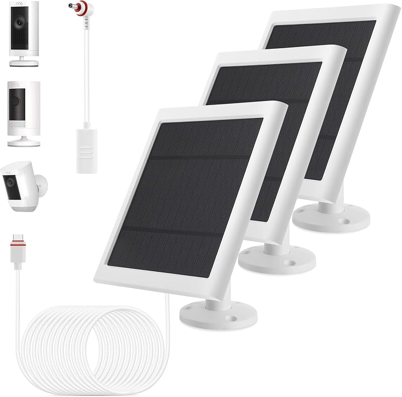 Panel solar para exteriores para cámaras Ring (blanco 3P) Spotlight Cam Plus/Pro Stick Up Cam/Pro inalámbrico para exteriores con cable de 10 pies/3 m de largo a prueba de polvo e impermeable