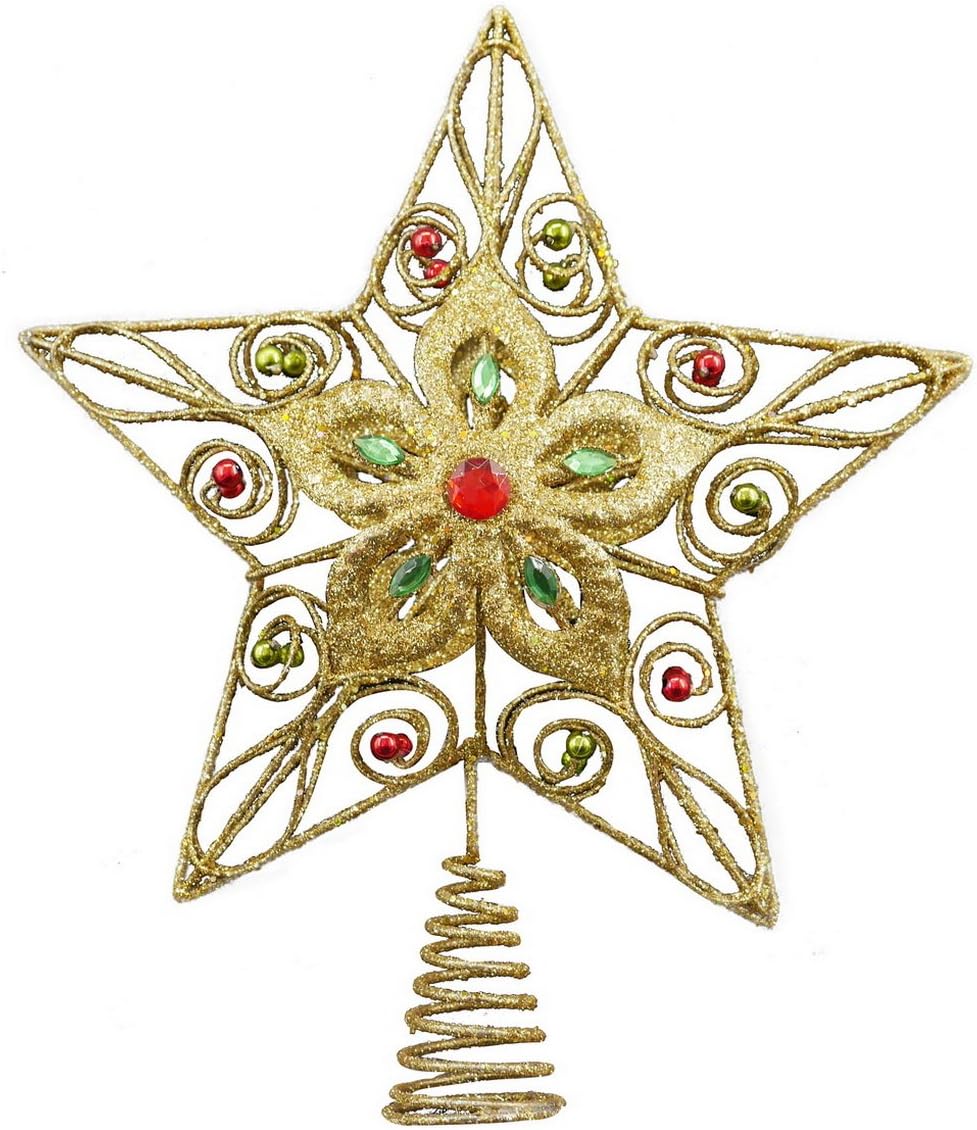 10-inch Gold Glittered 5 Point Star Christmas Tree Topper with Red and Green Beads and Jewels, Indoor Holiday Decoration Metal Christmas Treetop
