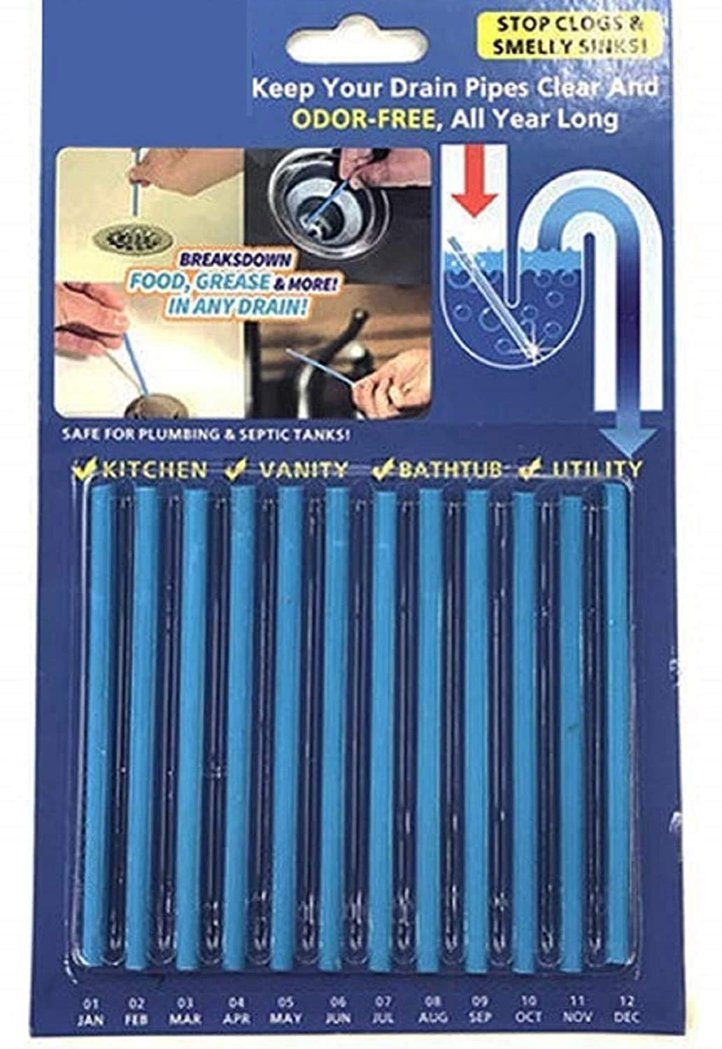 Wuzzy Odour Remover Sewer Cleaning Rod for Kitchen, Bathroom, Toilet Pipe (Blue) - 12 Sticks