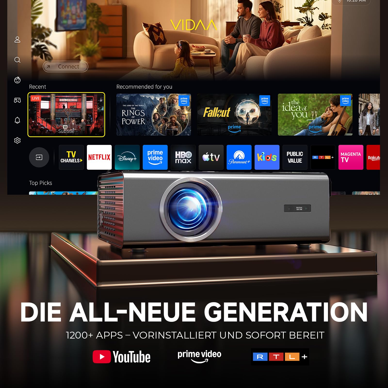 Proiettore intelligente 4K con VIDAA, compatibile con app Netflix, Dolby audio e HDR10+, KOGATA originale AirPlay, messa a fuoco automatica, 6D Keystone, WiFi 6 e Bluetooth, proiettore home cinema per