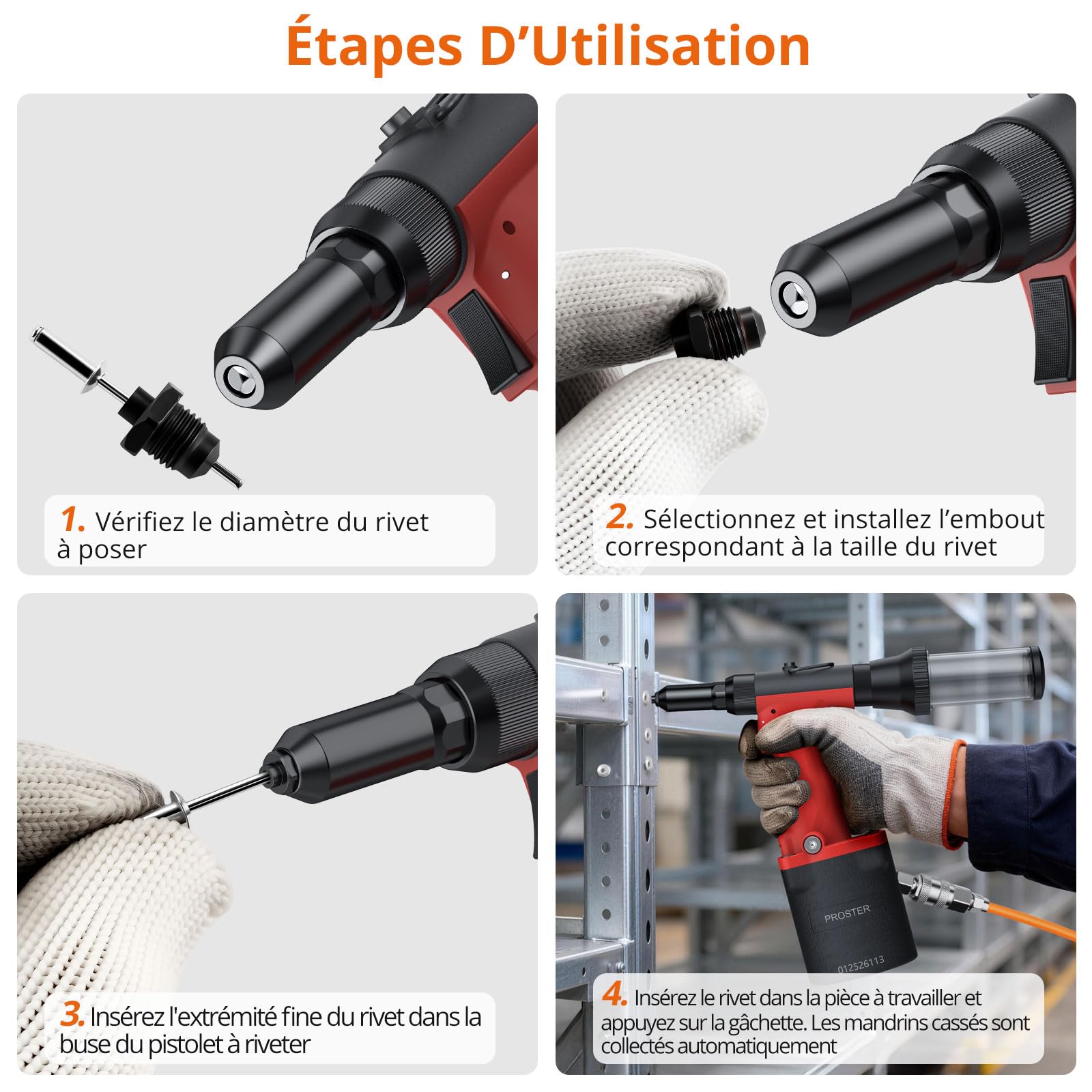 Proster Riveteuse Pneumatique 2040KGF Professionnel - Pistolet à Rivets Léger avec 4 Buses (2,4/3,2/4,0/4,8 mm) pour Rivets Fermés/Doubles/Hippocampe - Outil Rivetage Ateliers, Garages, Bateaux | Pistolet à Rivets Professionnel, Compatible Rivets Fermés,