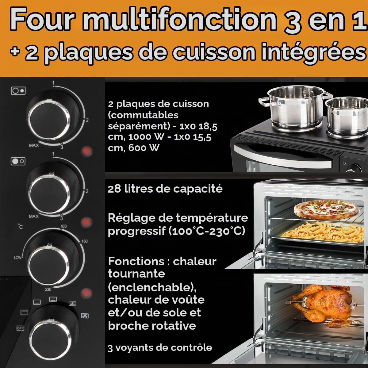 Clatronic® Mini-four avec plaques de cuisson et broche tournante | cuisson et rôtissage simultanés | mini-four à convection de 28 litres, chaleur supérieure/inferieure de 100° à 230°C | KK 3786
